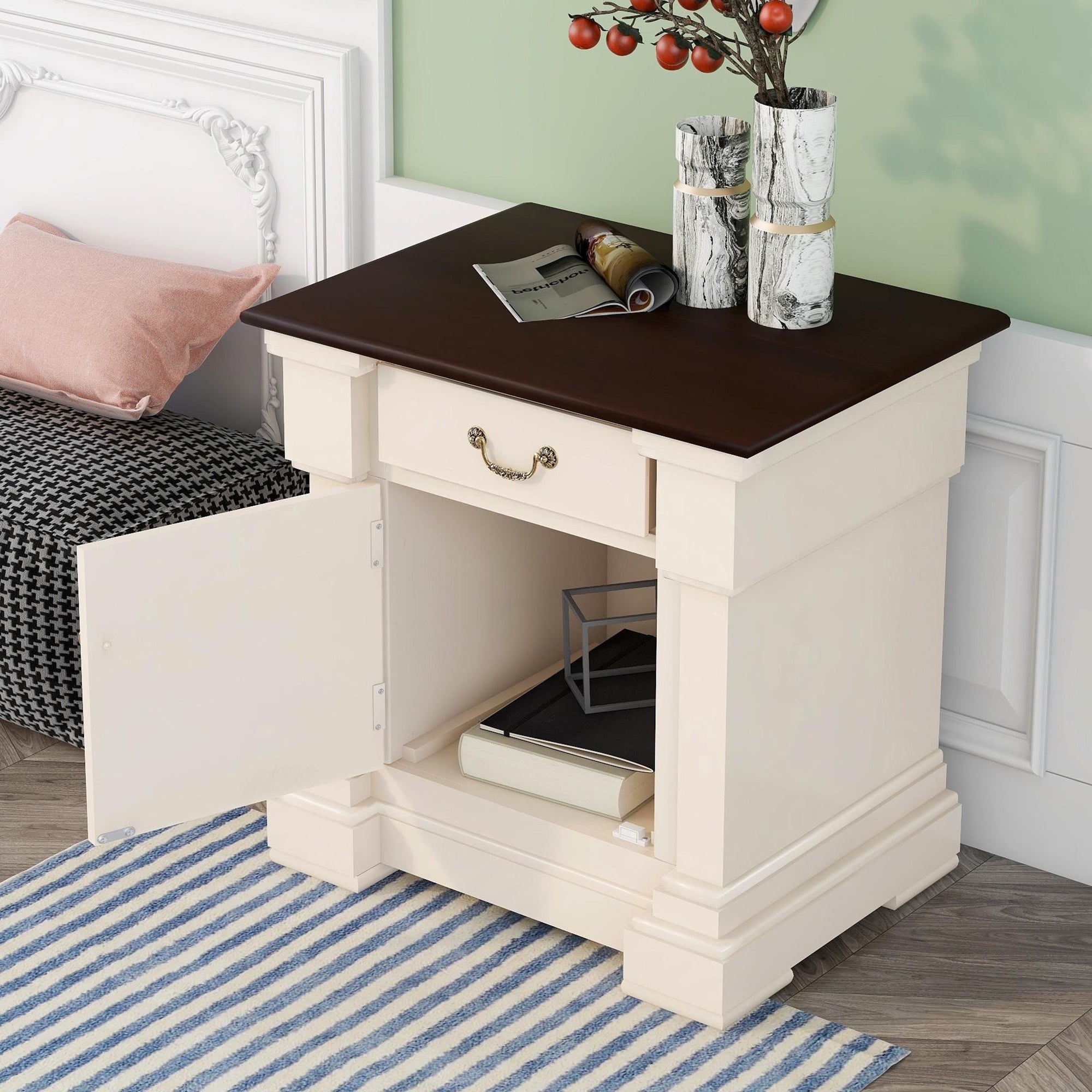 1 Drawer Wood Nightstand with USB Ports