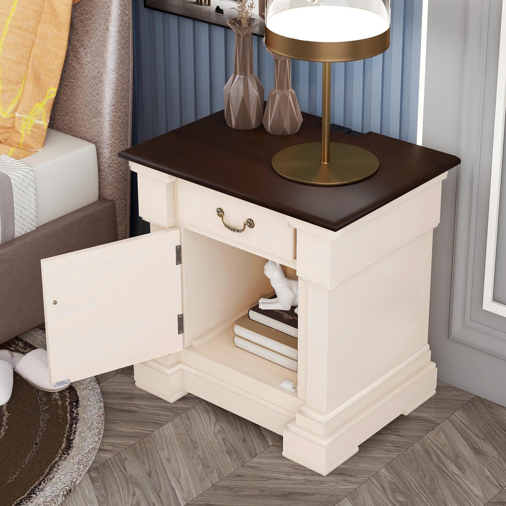 1 Drawer Wood Nightstand with USB Ports