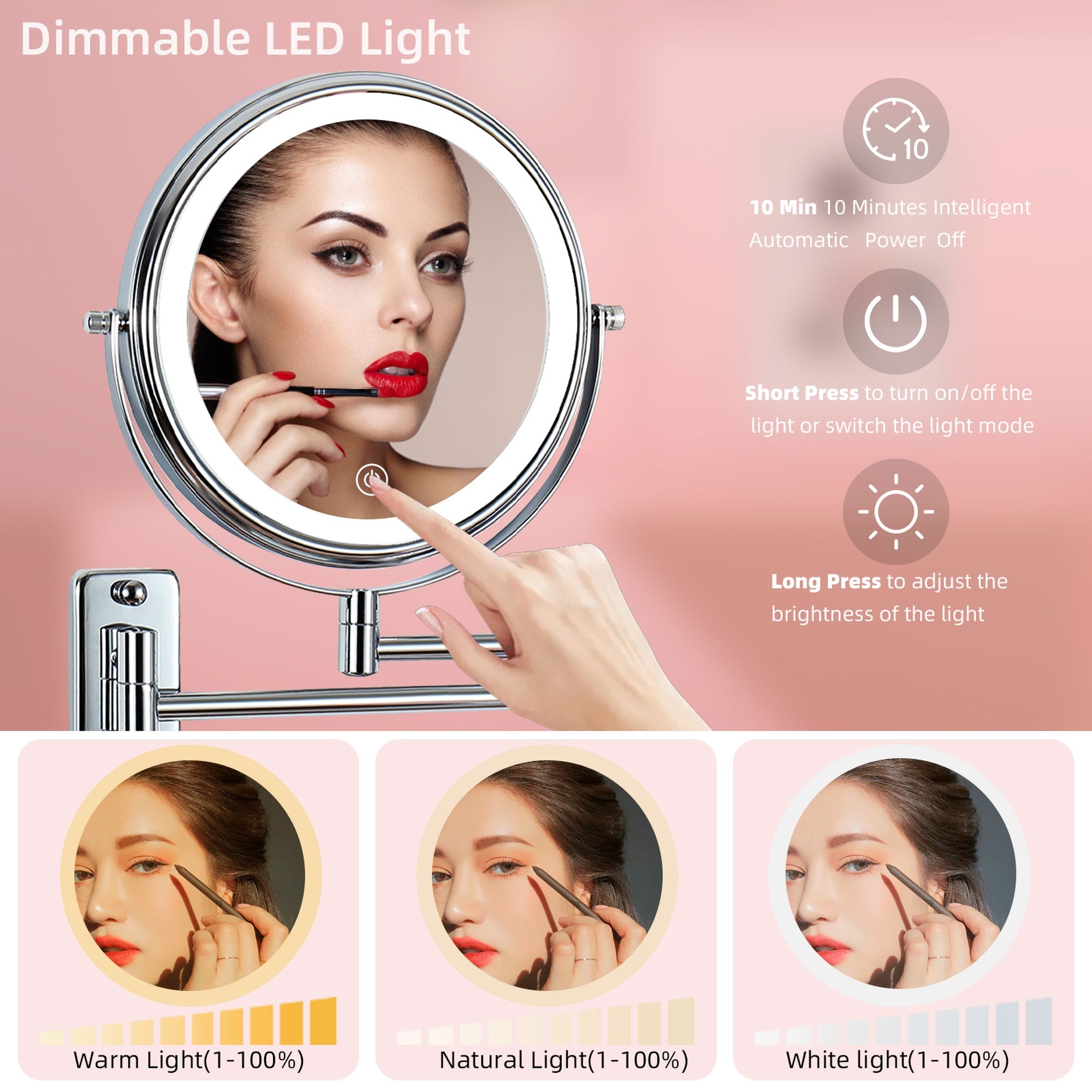 17 inch Double-Sided Wall Mounted 10X LED Magnifying Bathroom Mirror