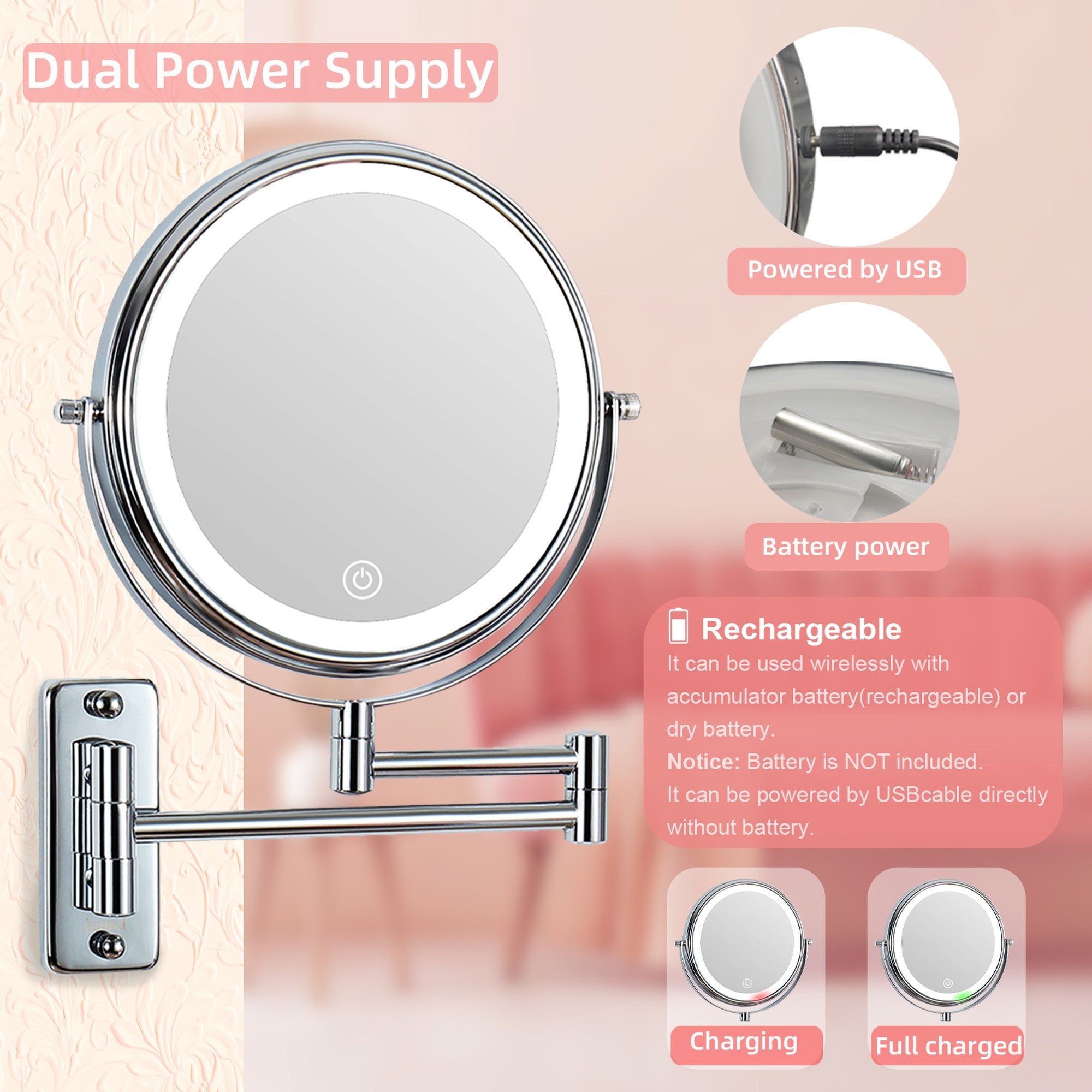 17 inch Double-Sided Wall Mounted 10X LED Magnifying Bathroom Mirror