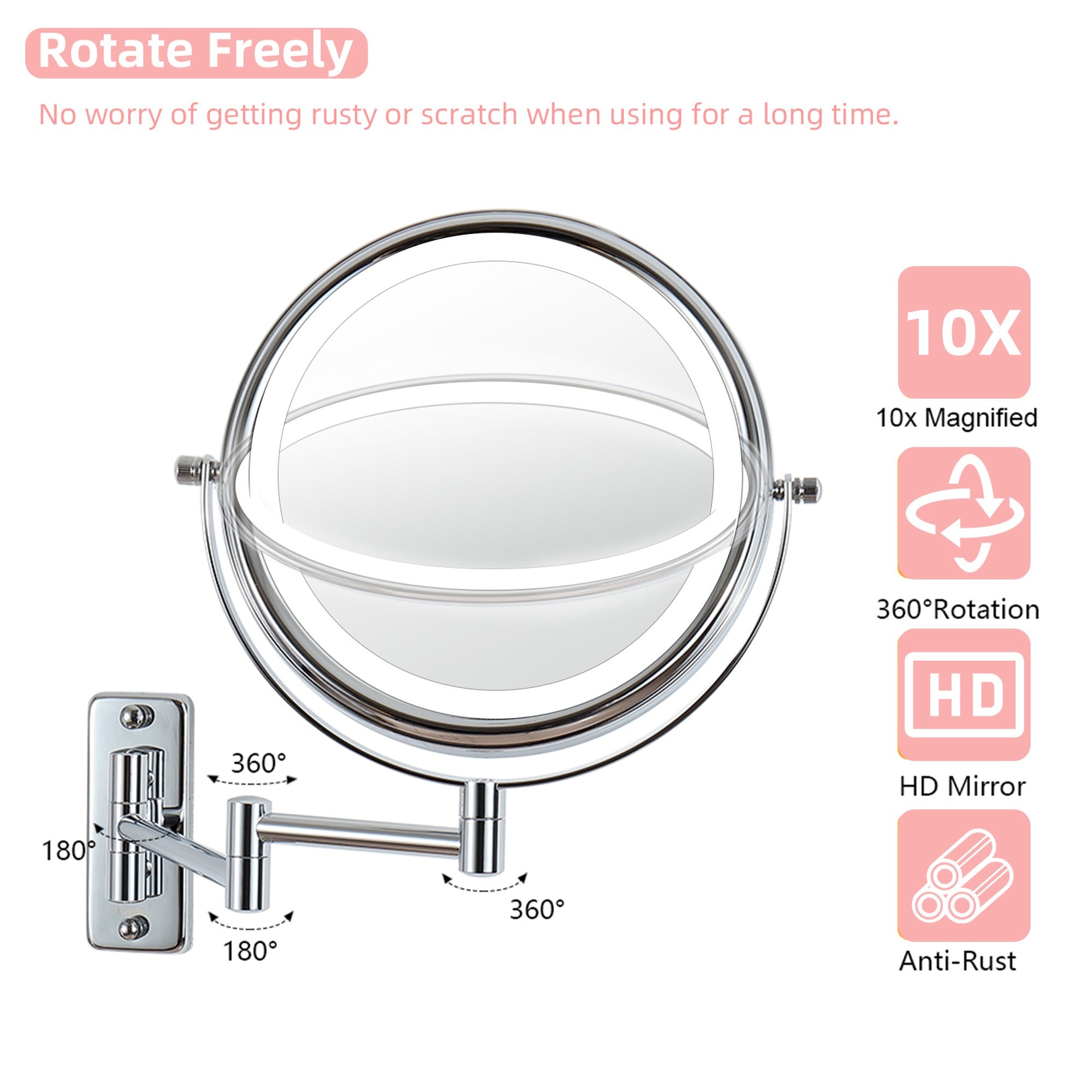 17 inch Double-Sided Wall Mounted 10X LED Magnifying Bathroom Mirror