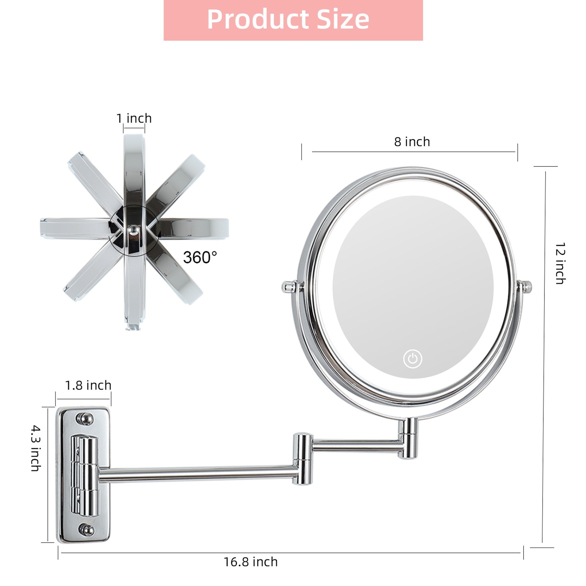 17 inch Double-Sided Wall Mounted 10X LED Magnifying Bathroom Mirror