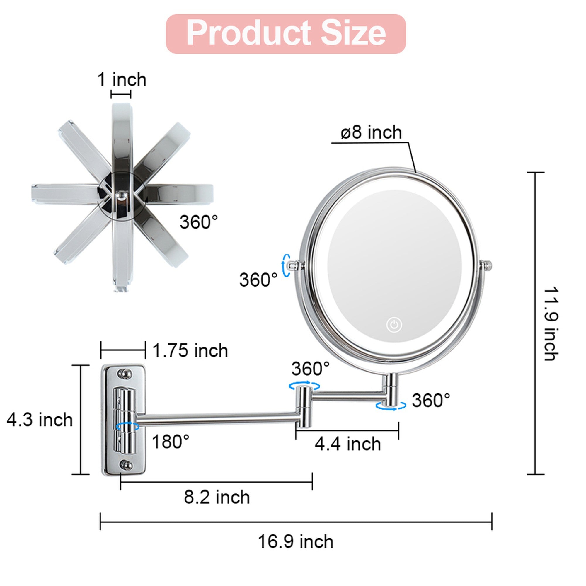 17 inch Double-Sided Wall Mounted 10X LED Magnifying Bathroom Mirror