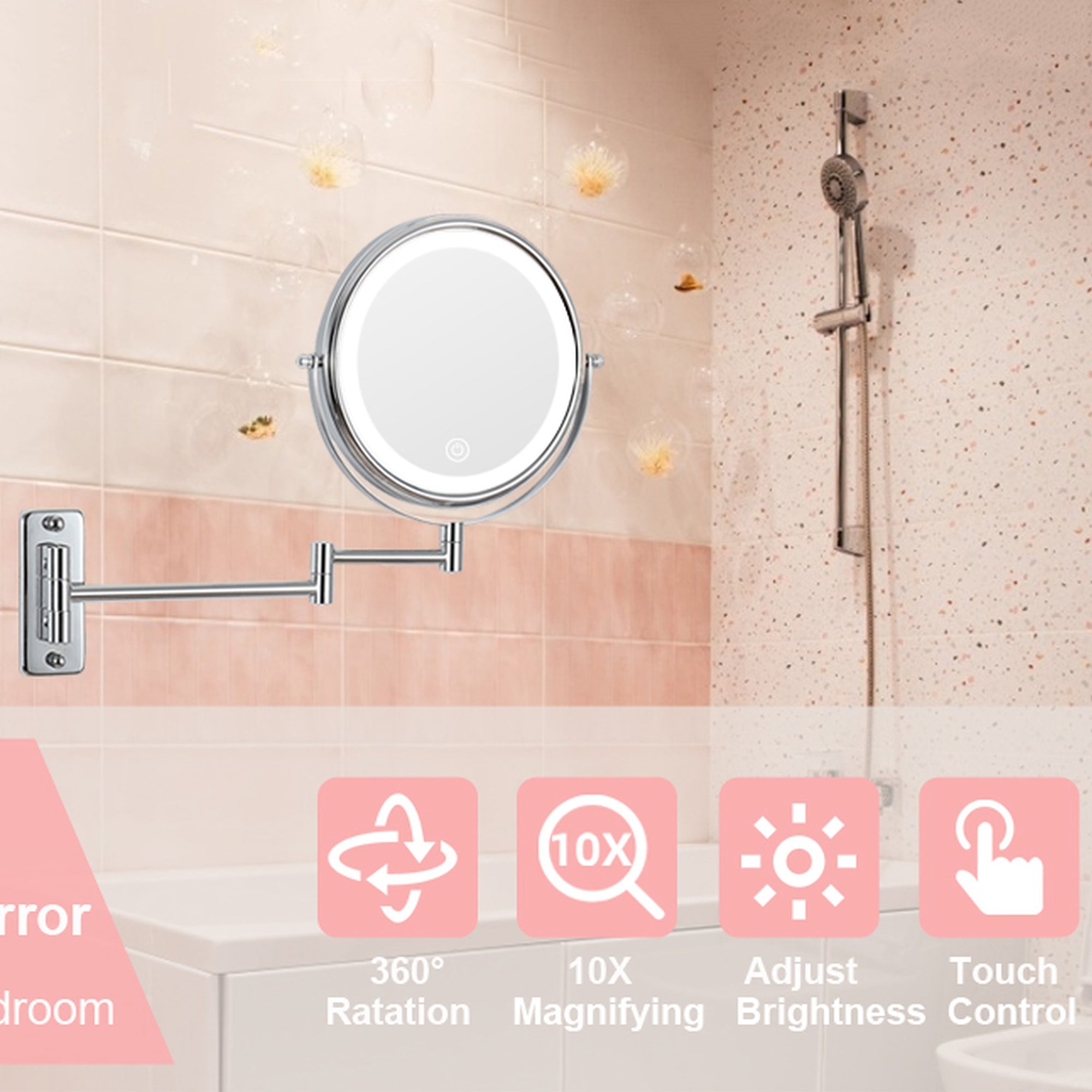 17 inch Double-Sided Wall Mounted 10X LED Magnifying Bathroom Mirror