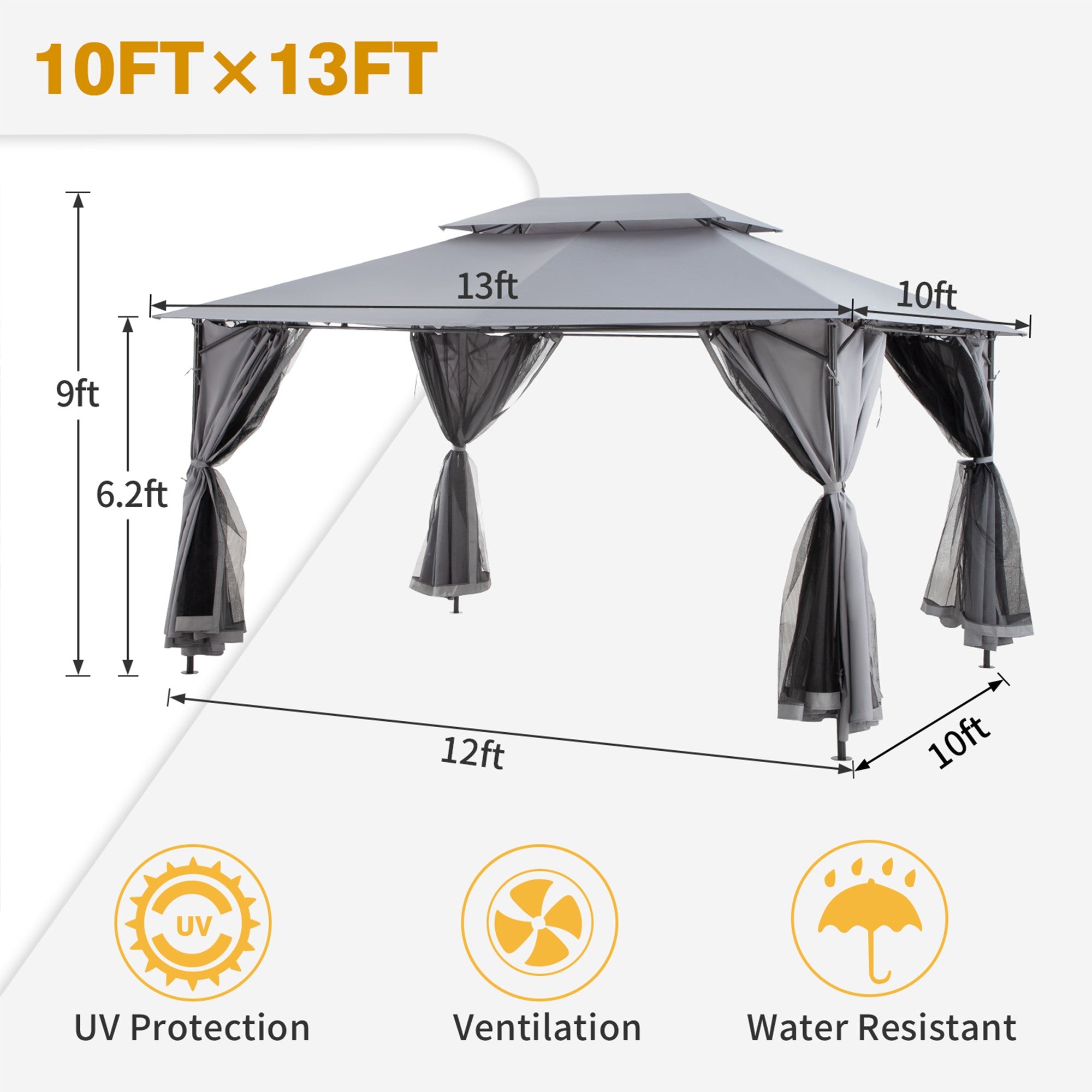 10' X 13'  Iron Polyester Soft-Top Portable Outdoor Canopy Gazebo