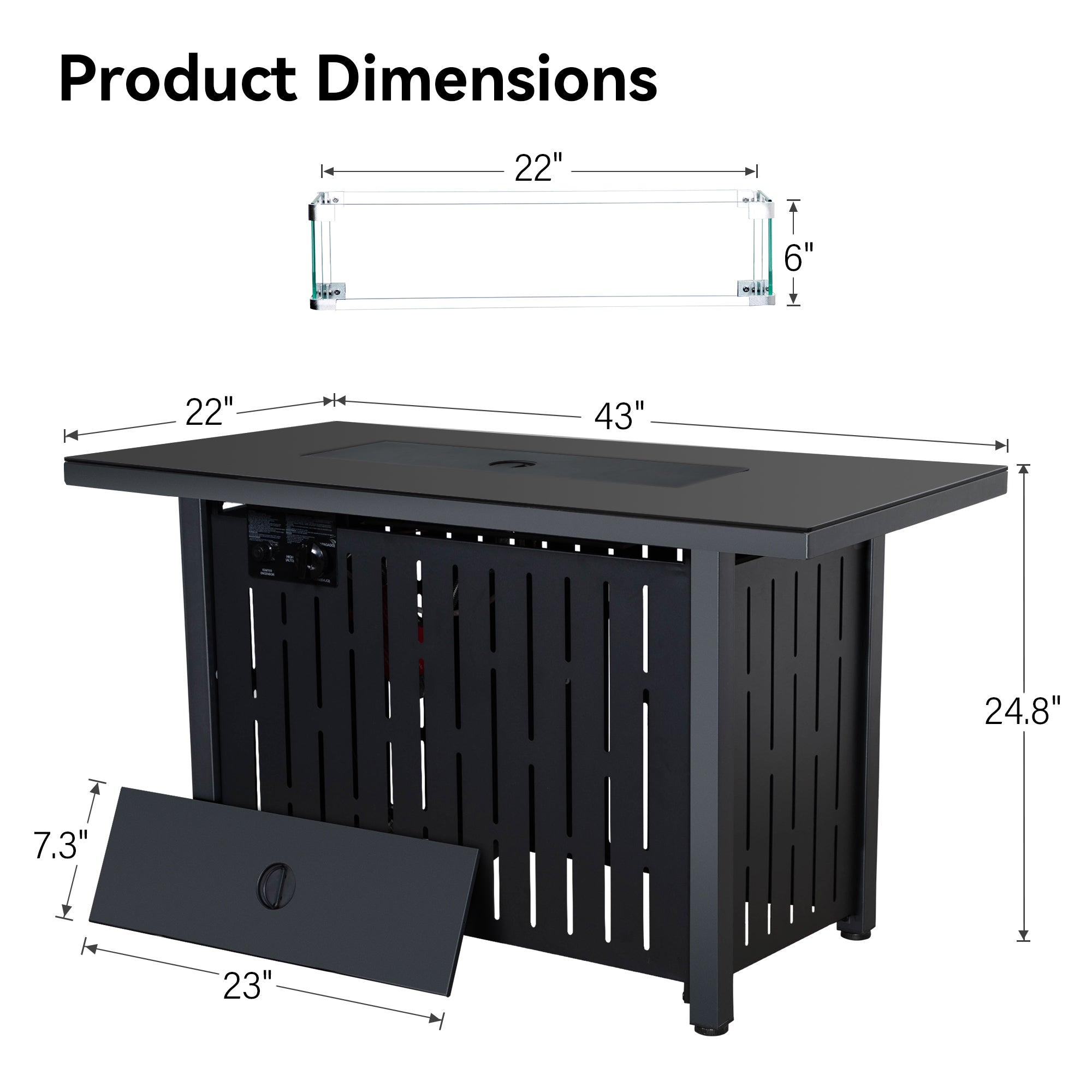 Rectangular Iron Outdoor Fire Pit Table with Glass Shield
