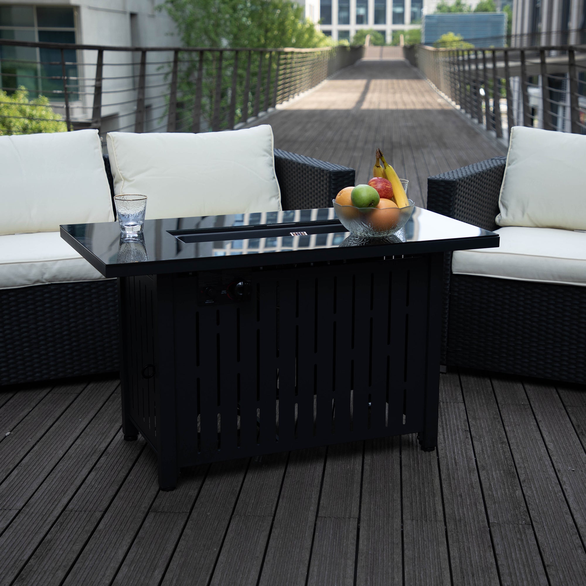 Rectangular Iron Outdoor Fire Pit Table with Glass Shield