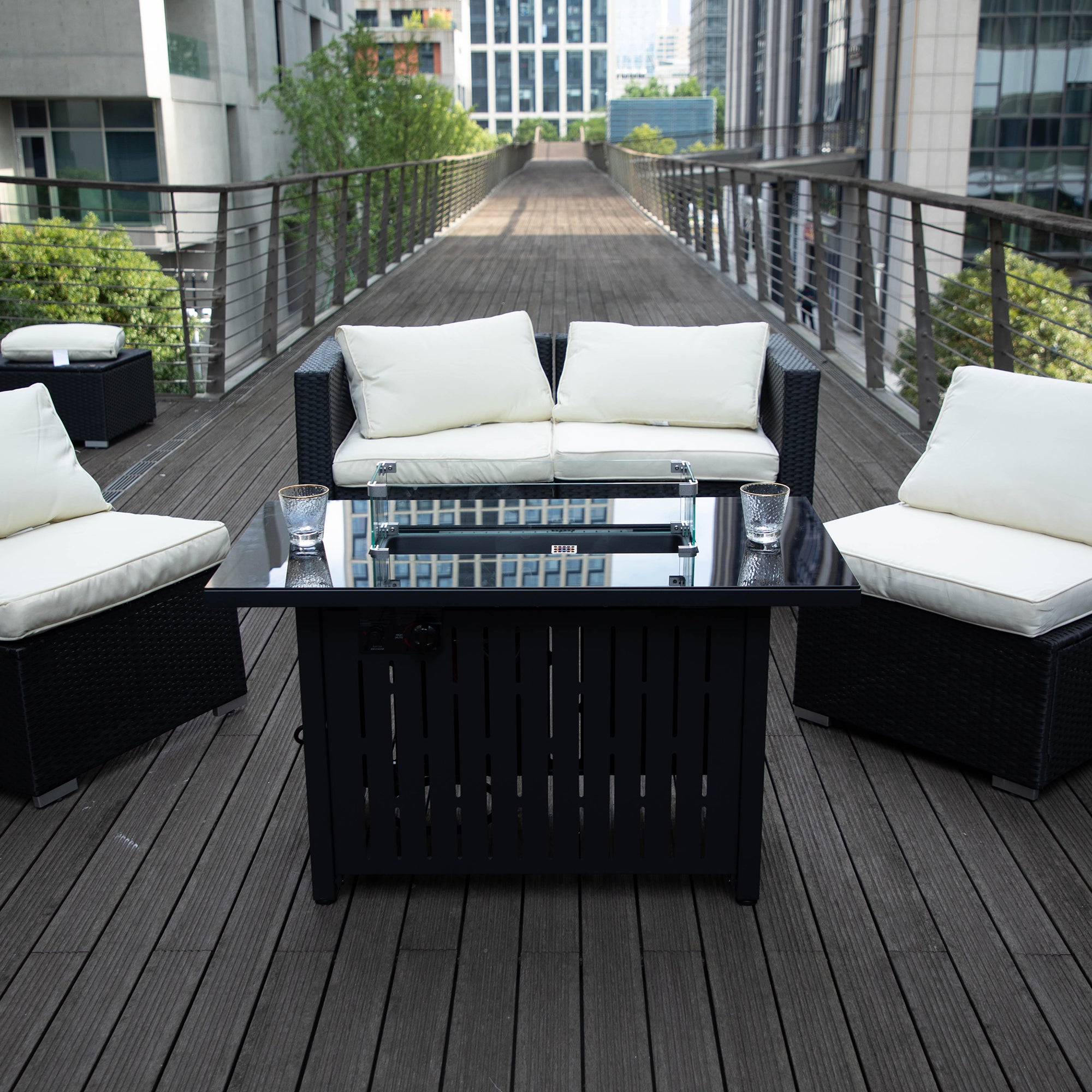 Rectangular Iron Outdoor Fire Pit Table with Glass Shield