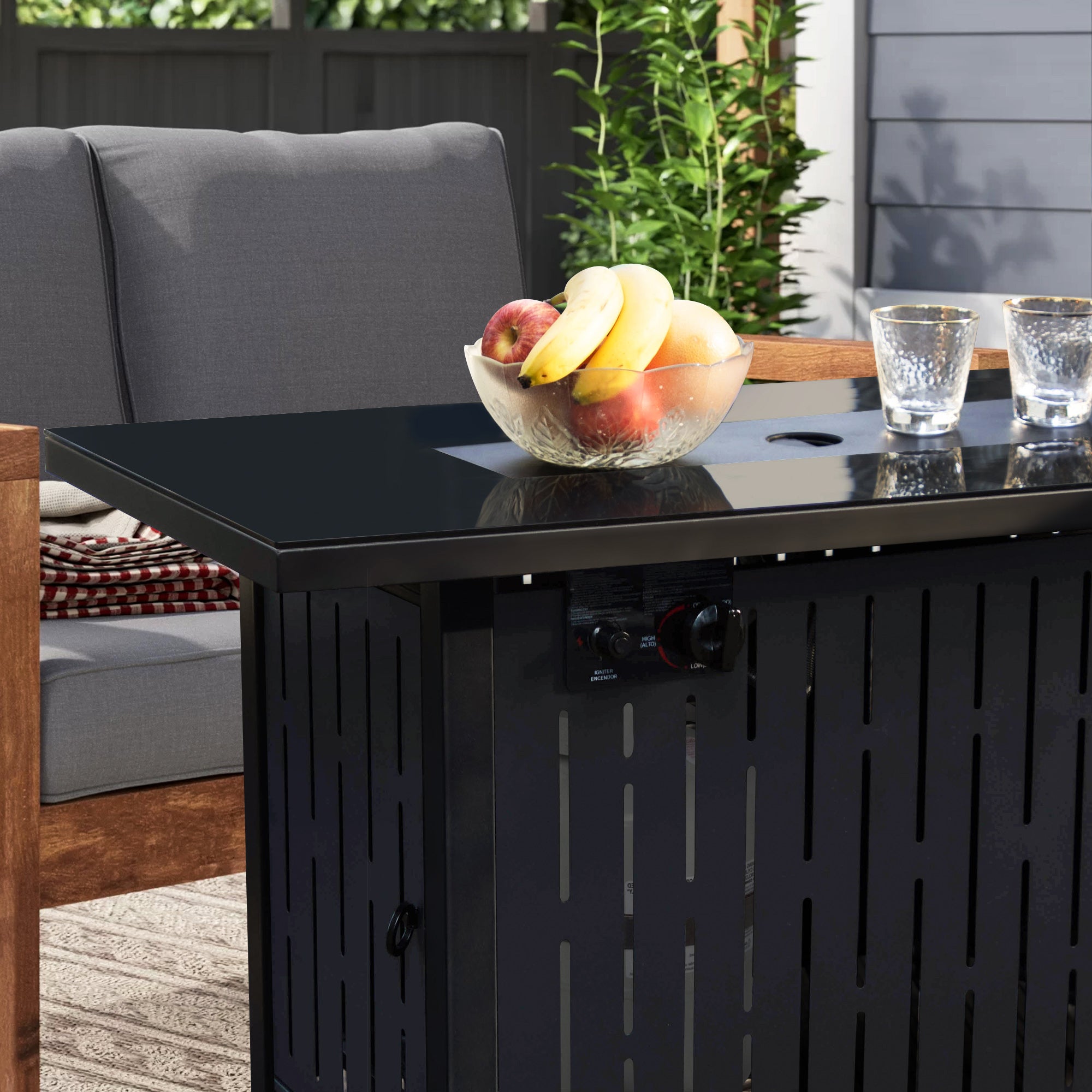 Rectangular Iron Outdoor Fire Pit Table with Glass Shield