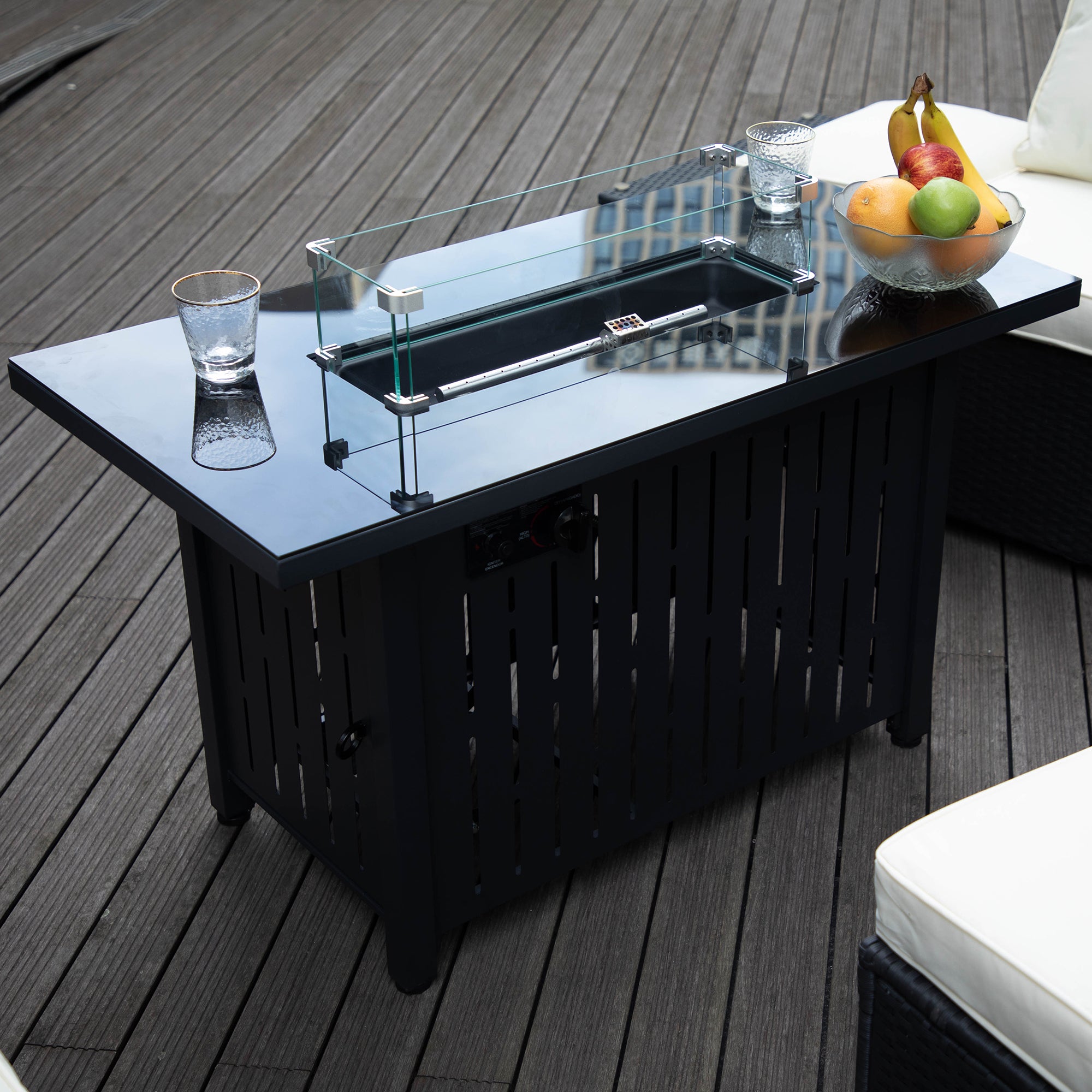 Rectangular Iron Outdoor Fire Pit Table with Glass Shield