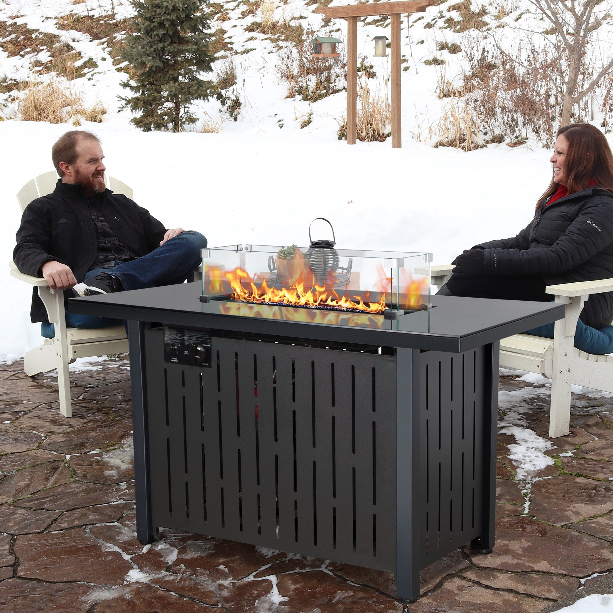Rectangular Iron Outdoor Fire Pit Table with Glass Shield