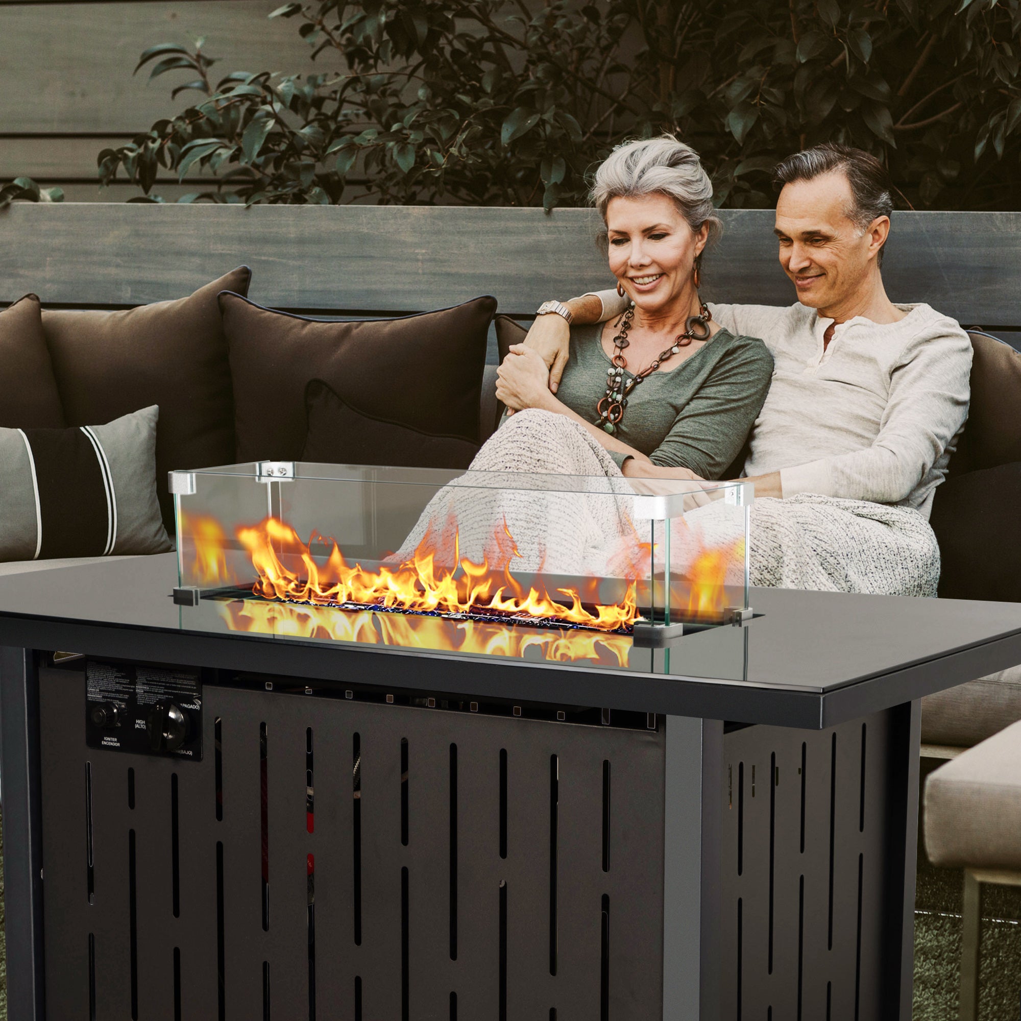 Rectangular Iron Outdoor Fire Pit Table with Glass Shield