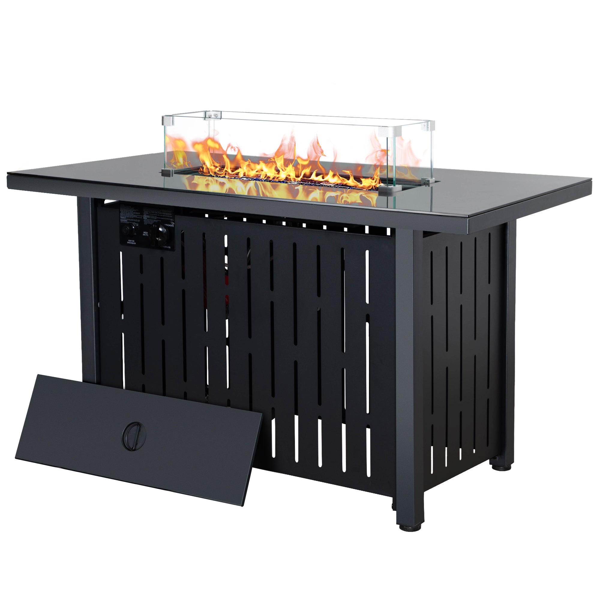 Rectangular Iron Outdoor Fire Pit Table with Glass Shield