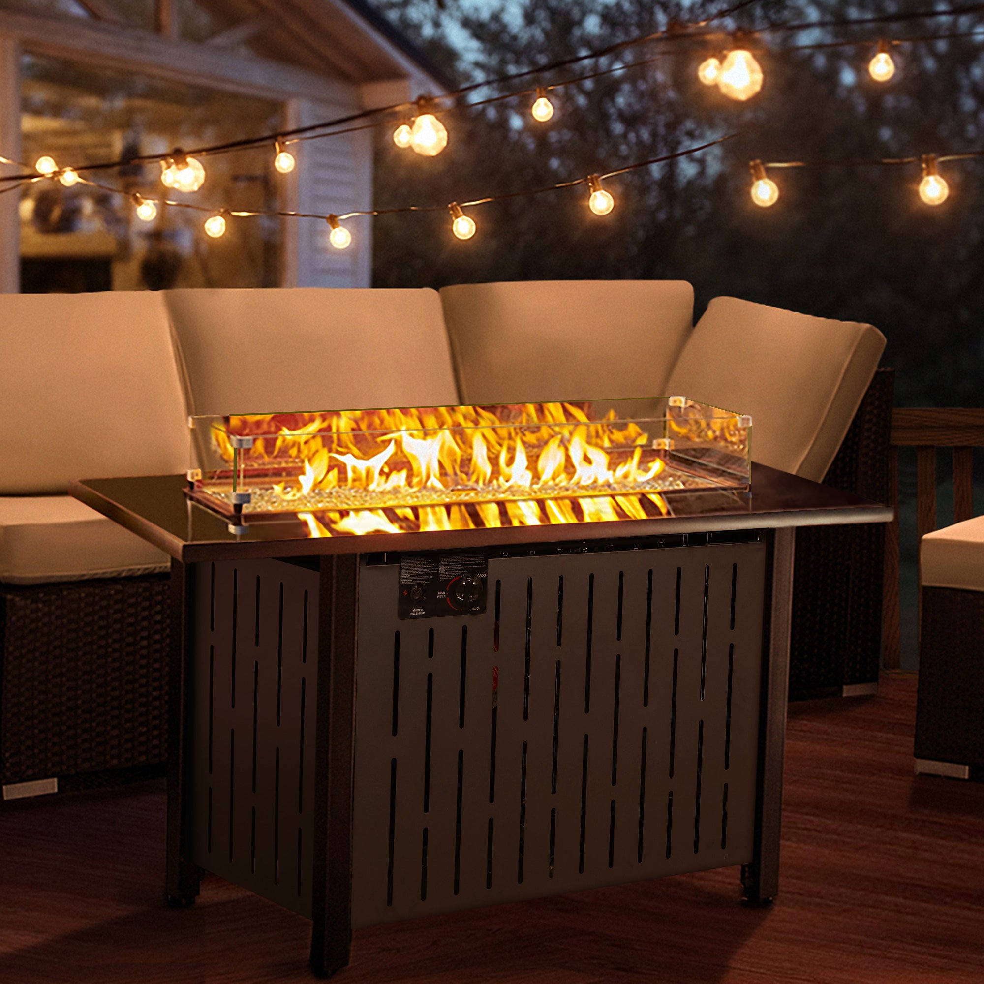Rectangular Iron Outdoor Fire Pit Table with Glass Shield