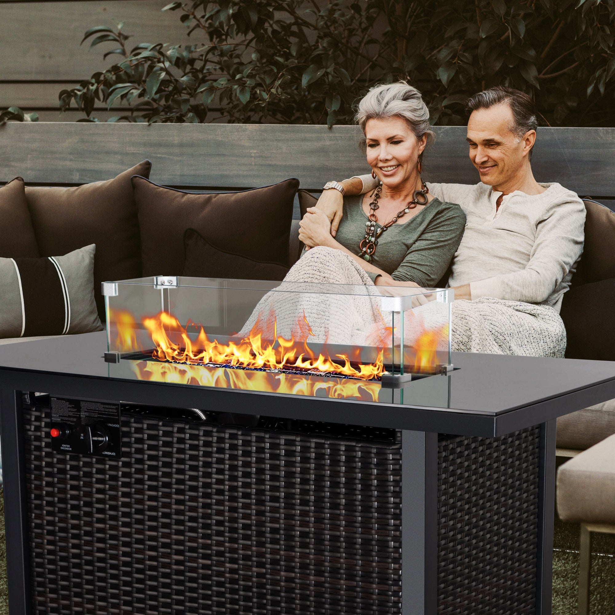 Rectangular Iron Outdoor Fire Pit Table with Glass Shield