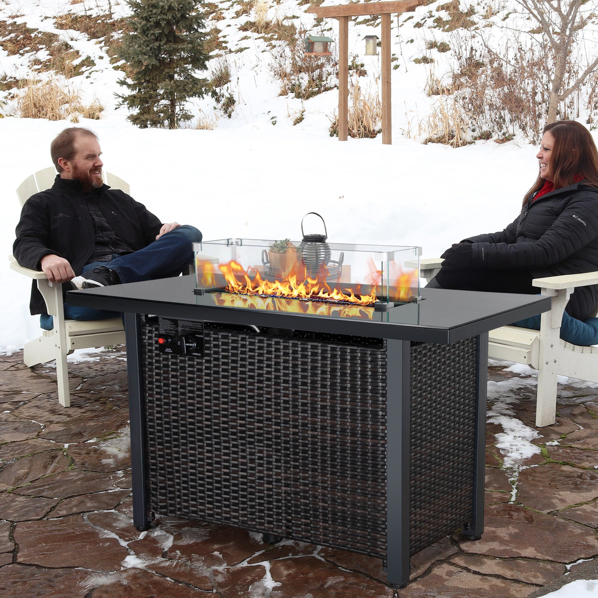 Rectangular Iron Outdoor Fire Pit Table with Glass Shield