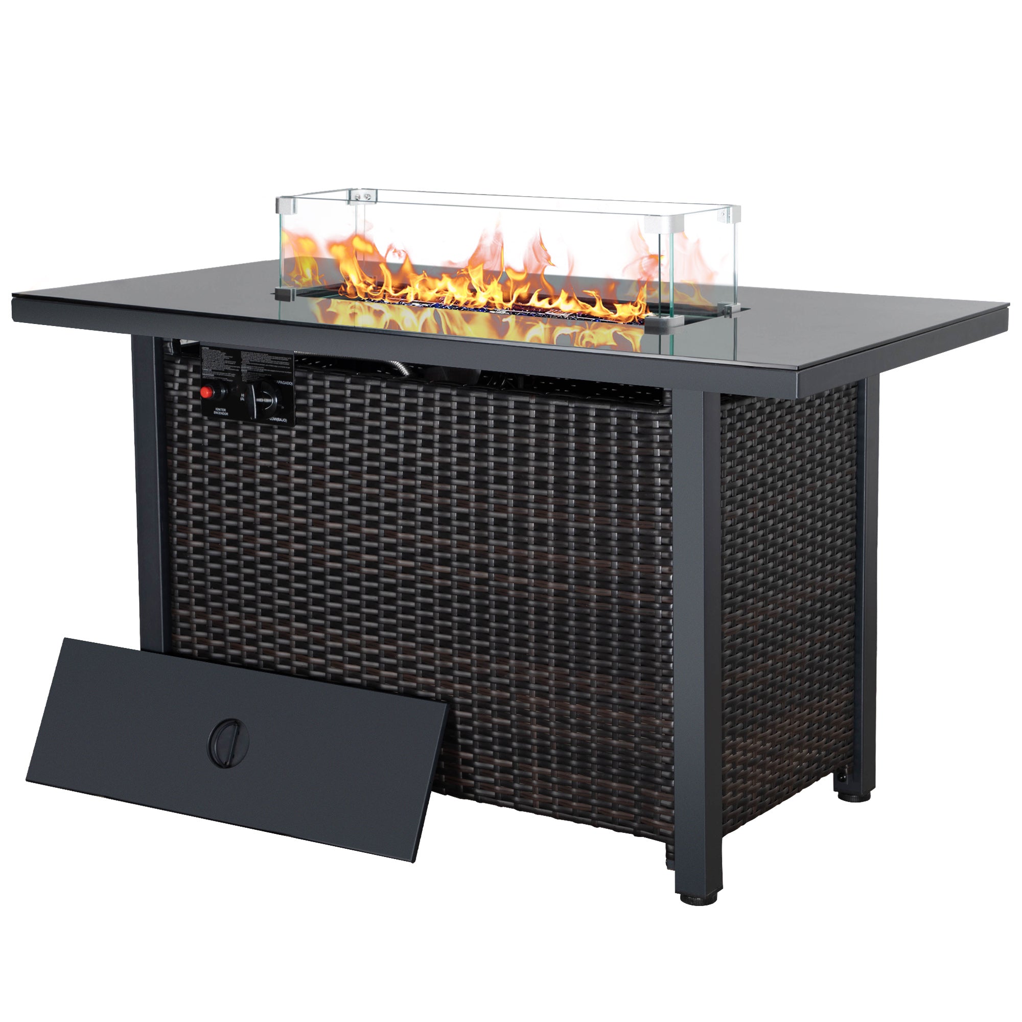 Rectangular Iron Outdoor Fire Pit Table with Glass Shield