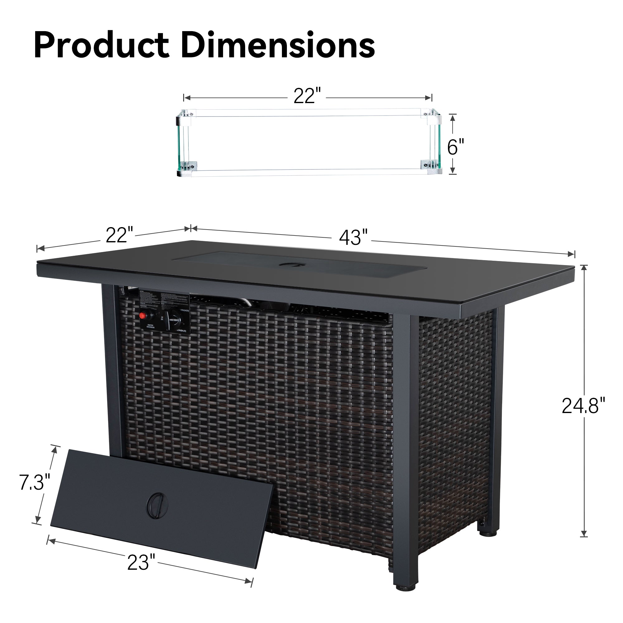 Rectangular Iron Outdoor Fire Pit Table with Glass Shield