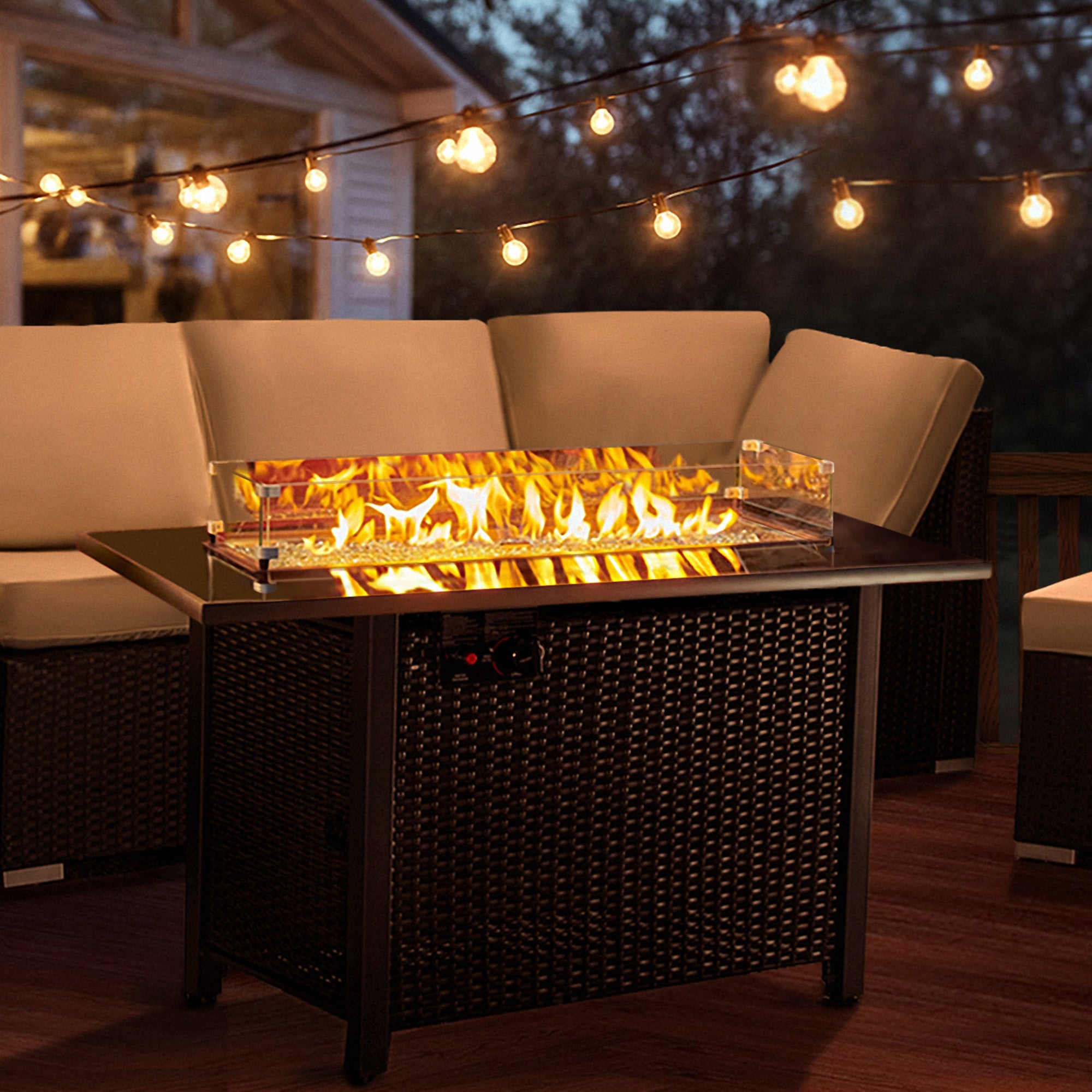 Rectangular Iron Outdoor Fire Pit Table with Glass Shield