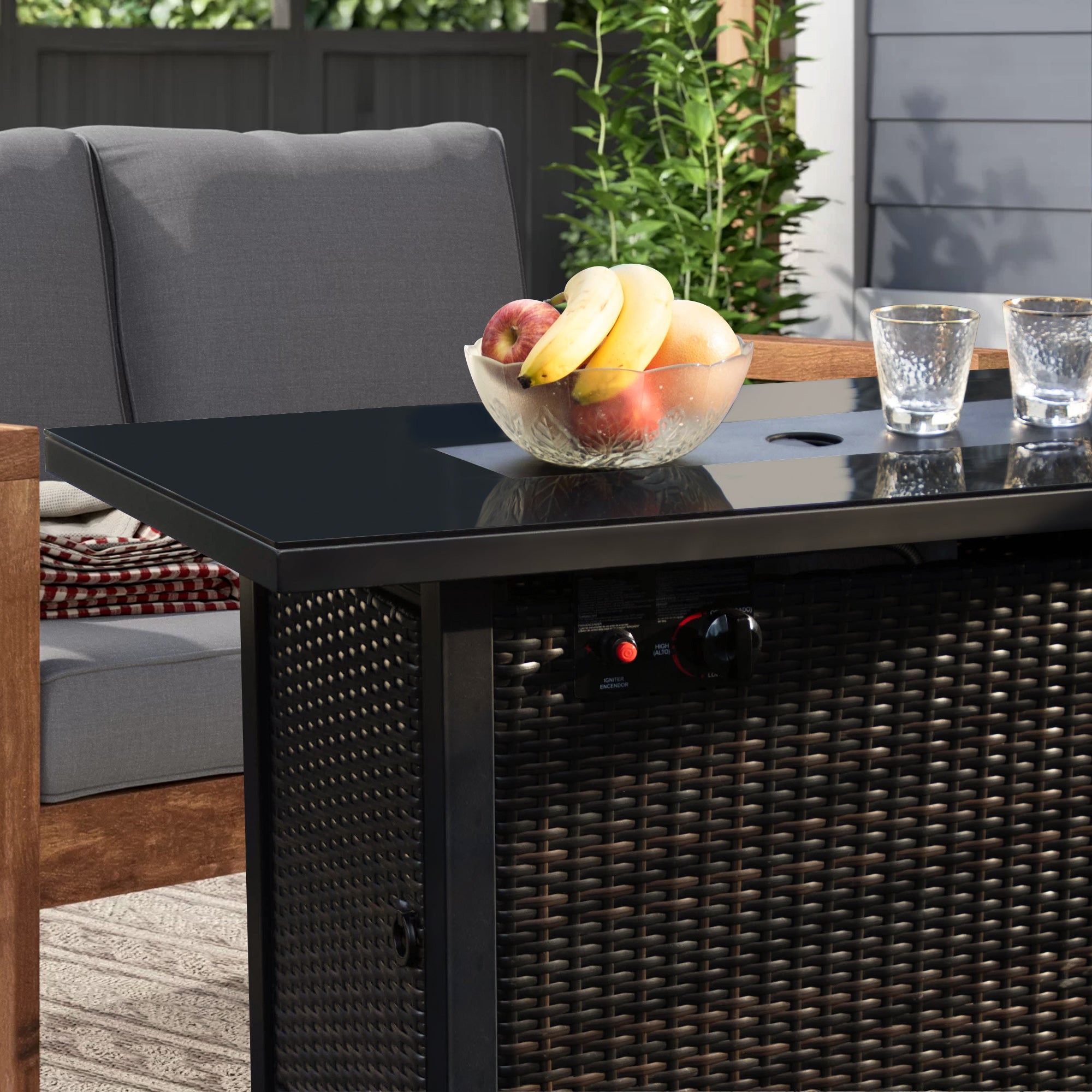 Rectangular Iron Outdoor Fire Pit Table with Glass Shield