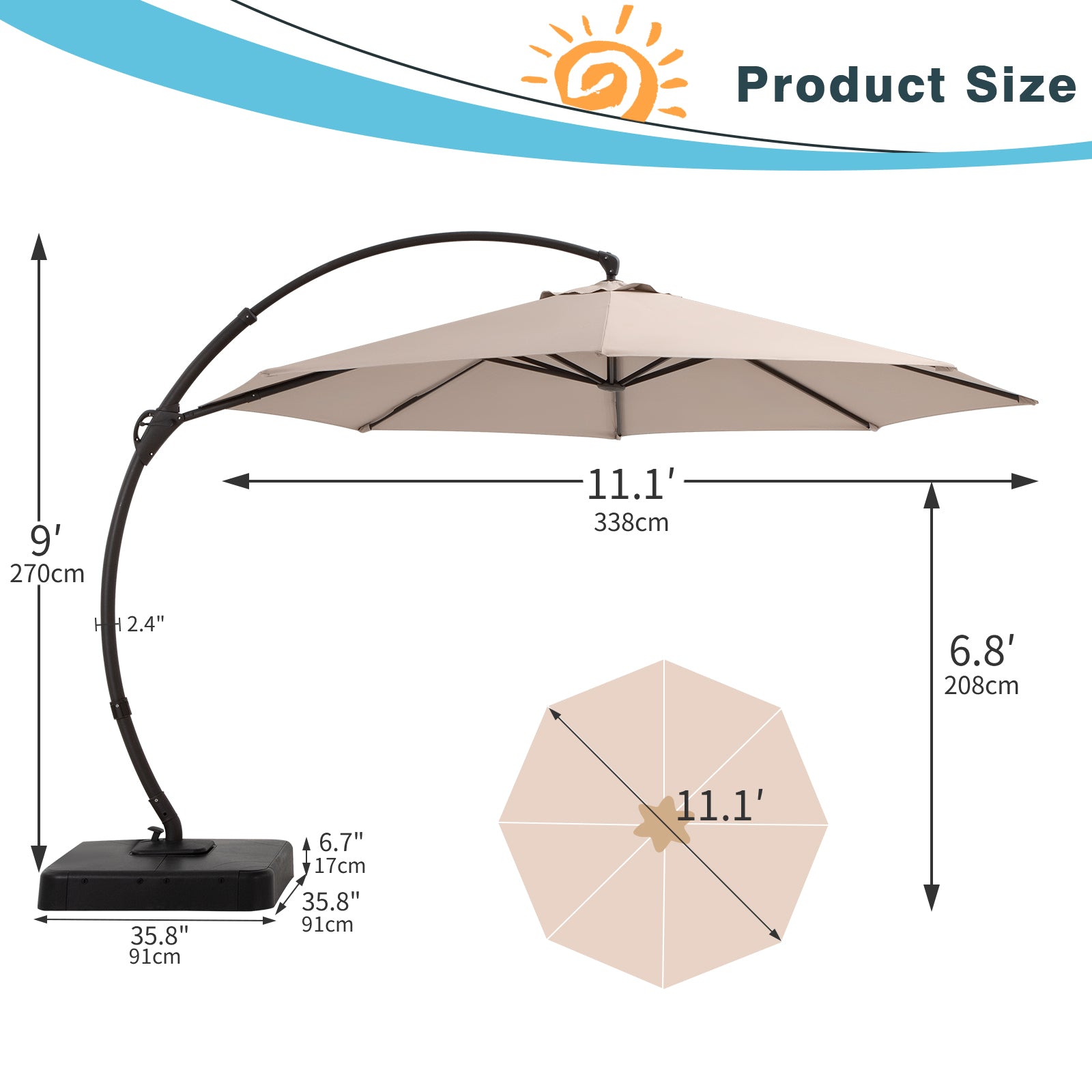 11' Outdoor Patio Hanging Cantilever Curvy Umbrella With Base Included