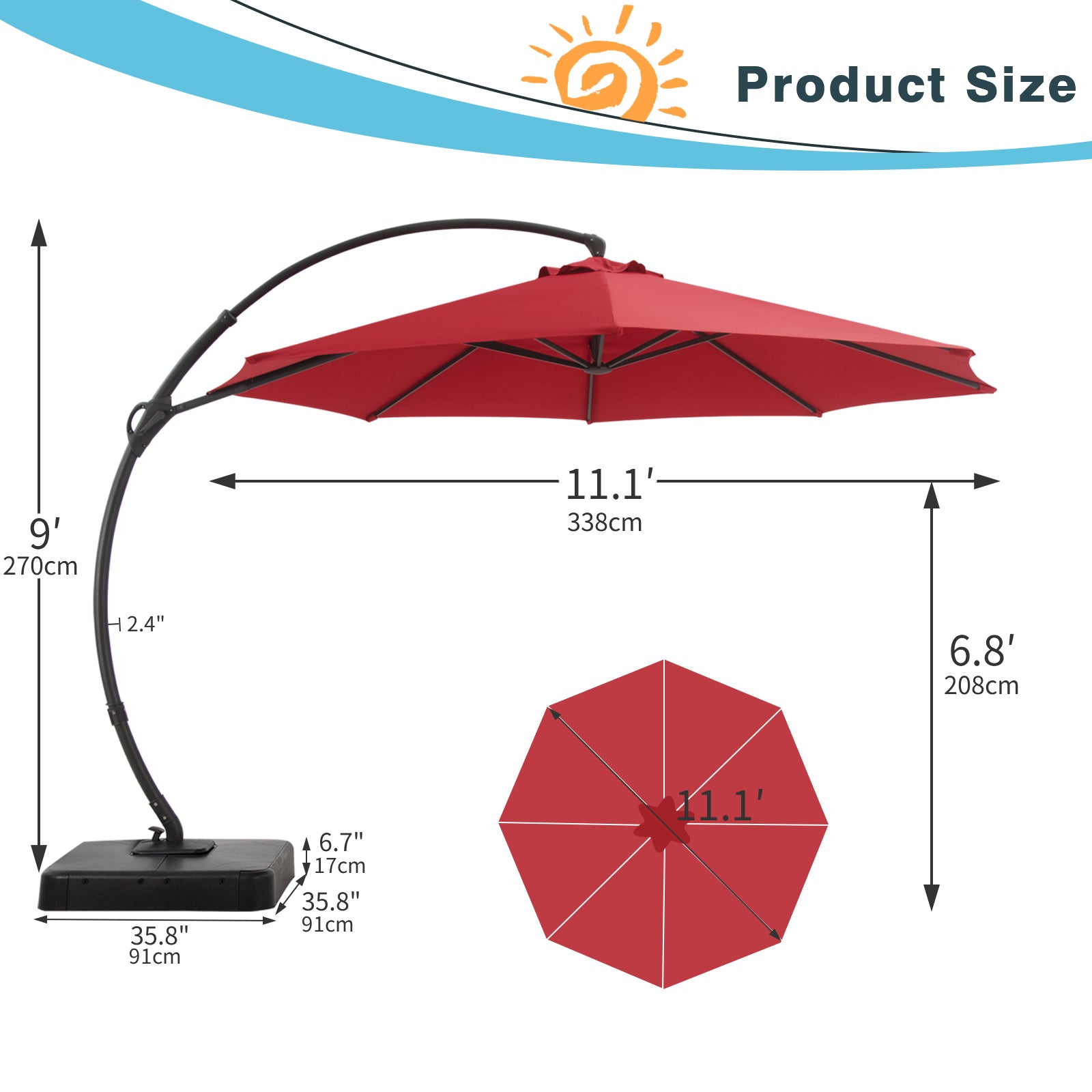 11' Outdoor Patio Hanging Cantilever Curvy Umbrella With Base Included