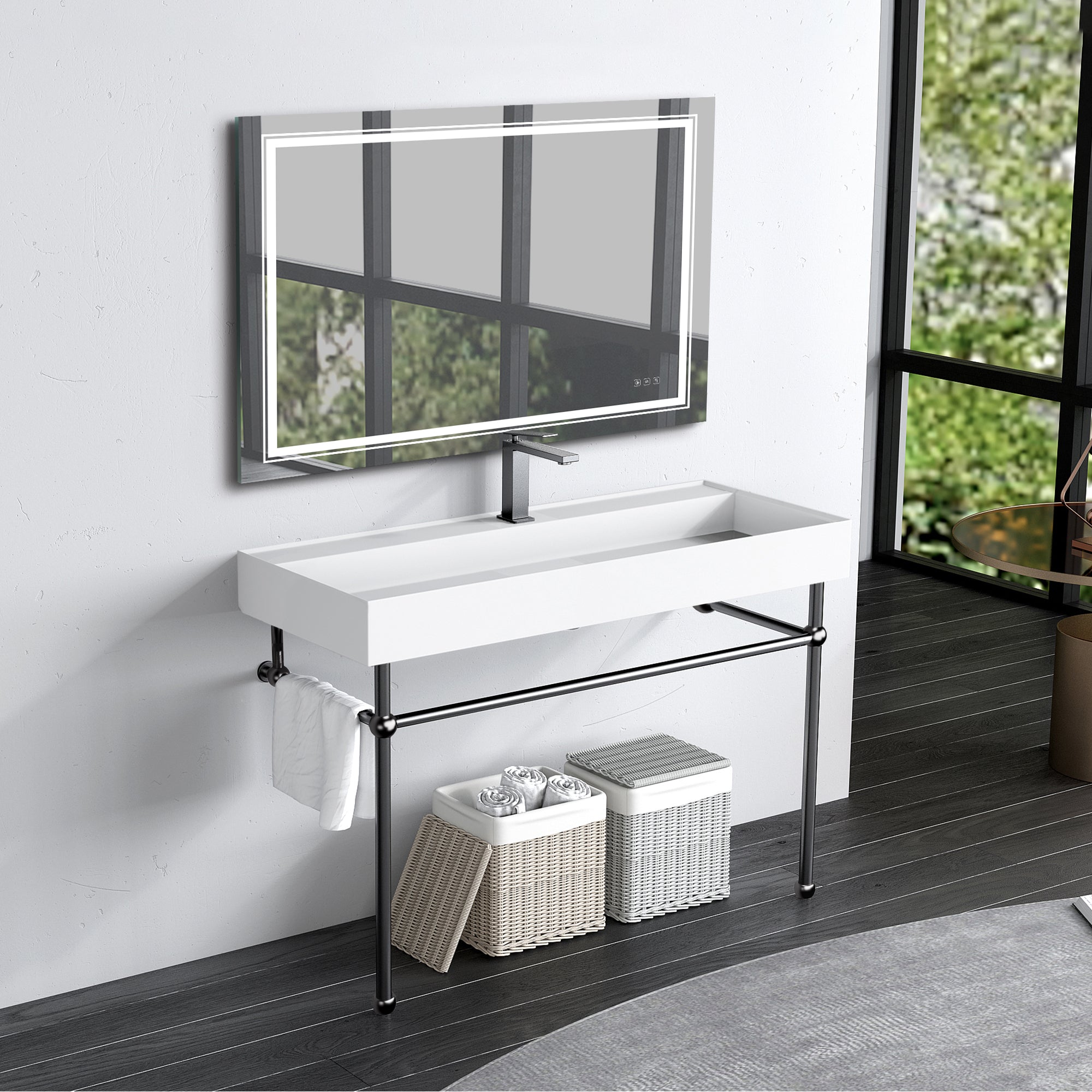 Rectangle Solid Surface Console Bathroom Sink with Drain Hole