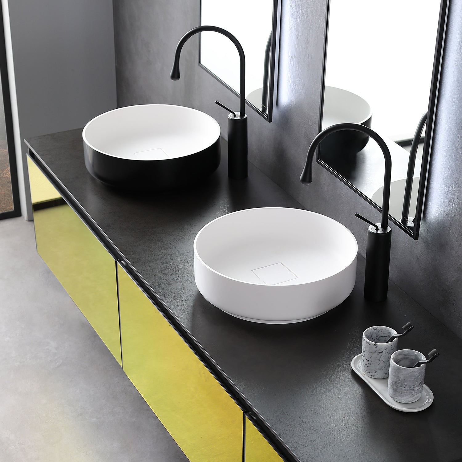16" x 16" Solid Surface Bathroom Vessel Sink in Black and White