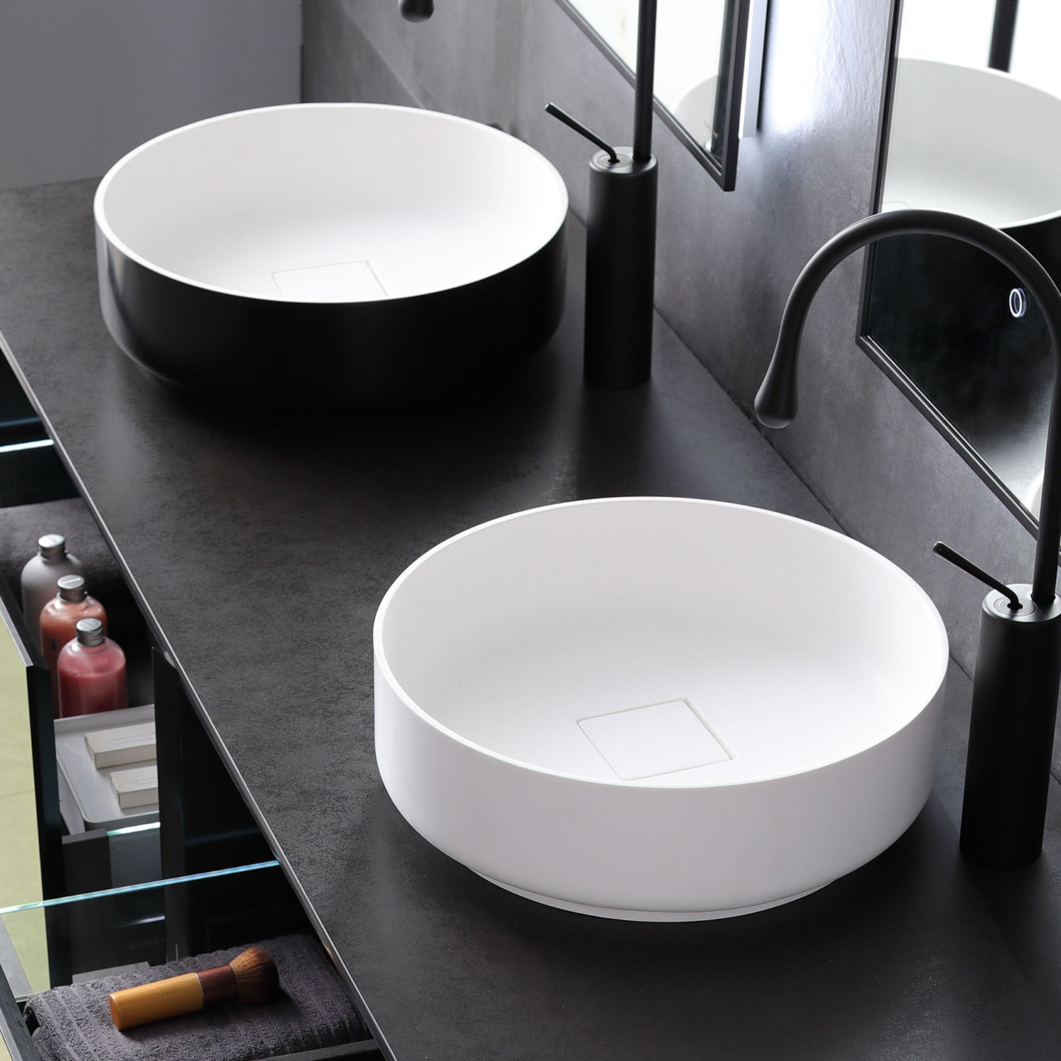16" x 16" Solid Surface Bathroom Vessel Sink in Black and White