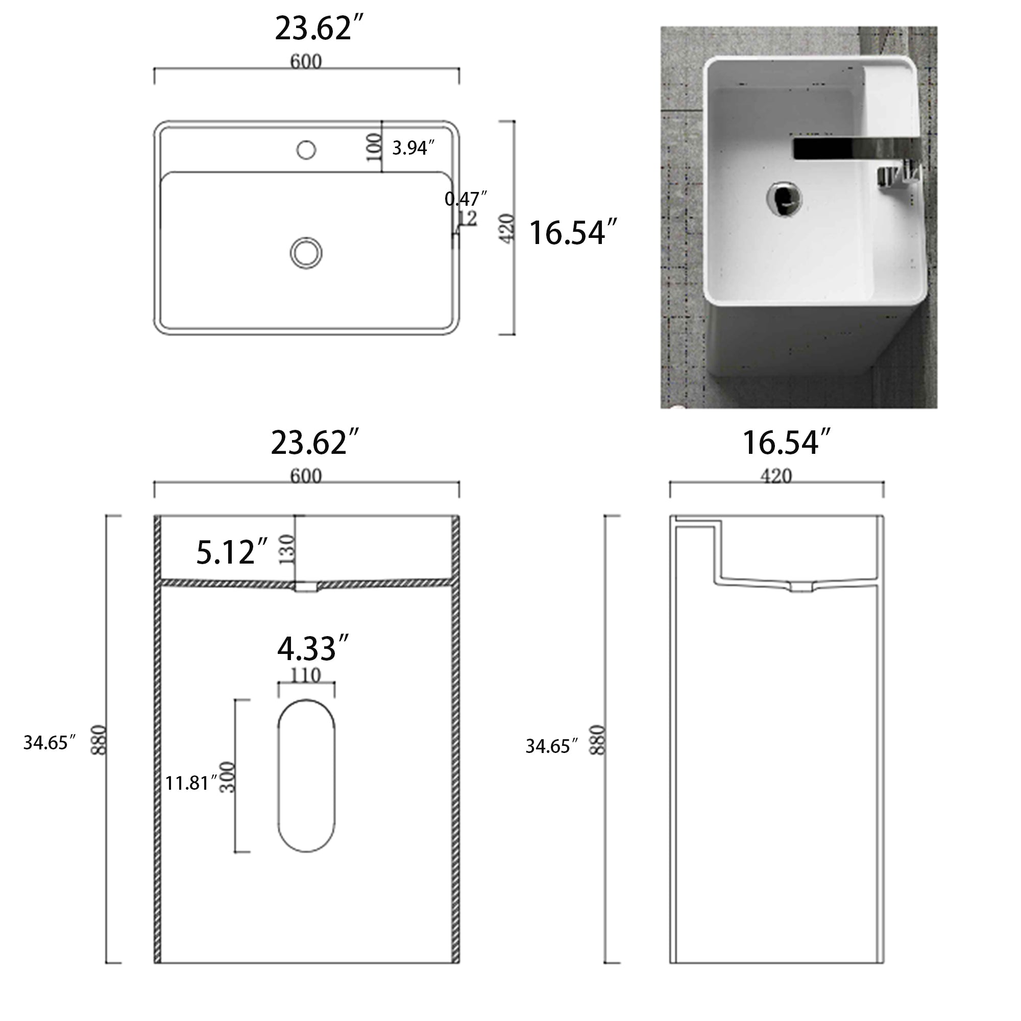34" Tall Solid Surface Pedestal Freestanding Bathroom Sink