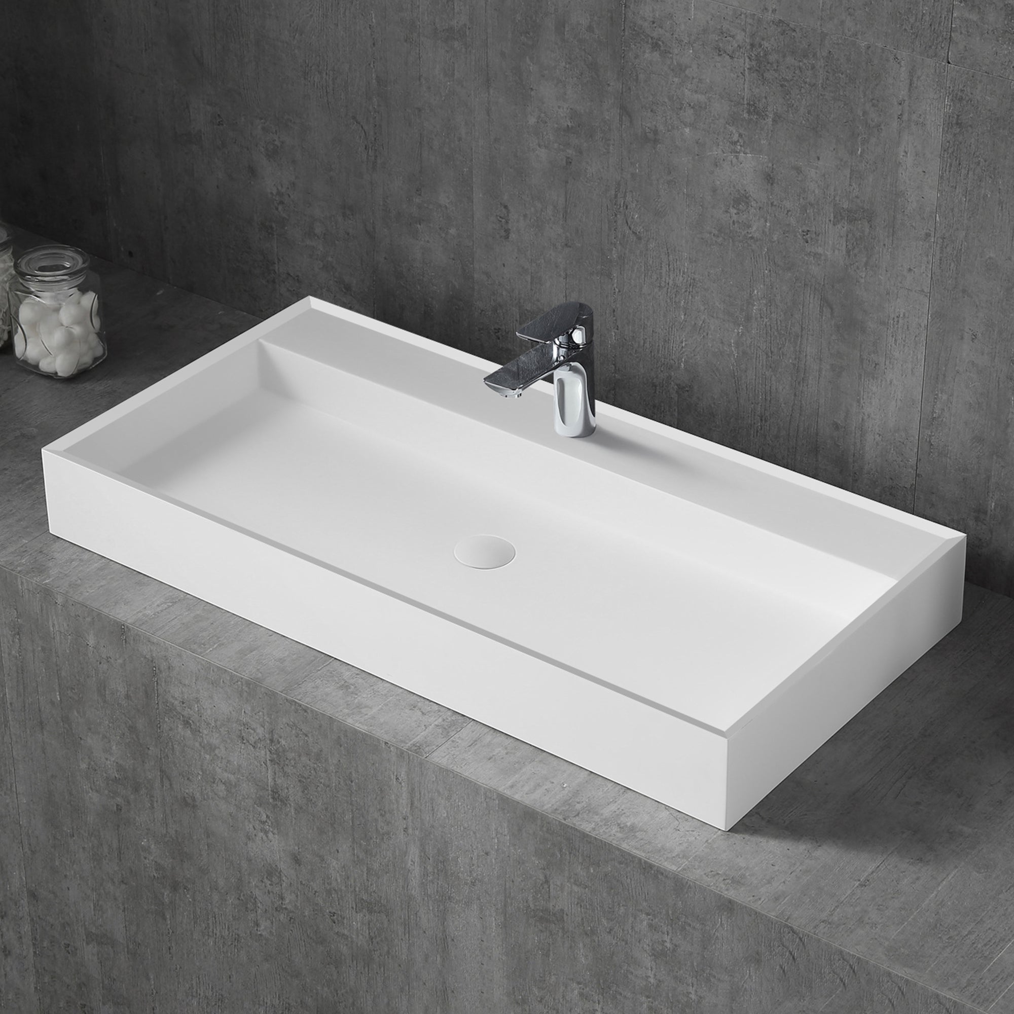 White Solid Surface Rectangular Vessel Bathroom Sink