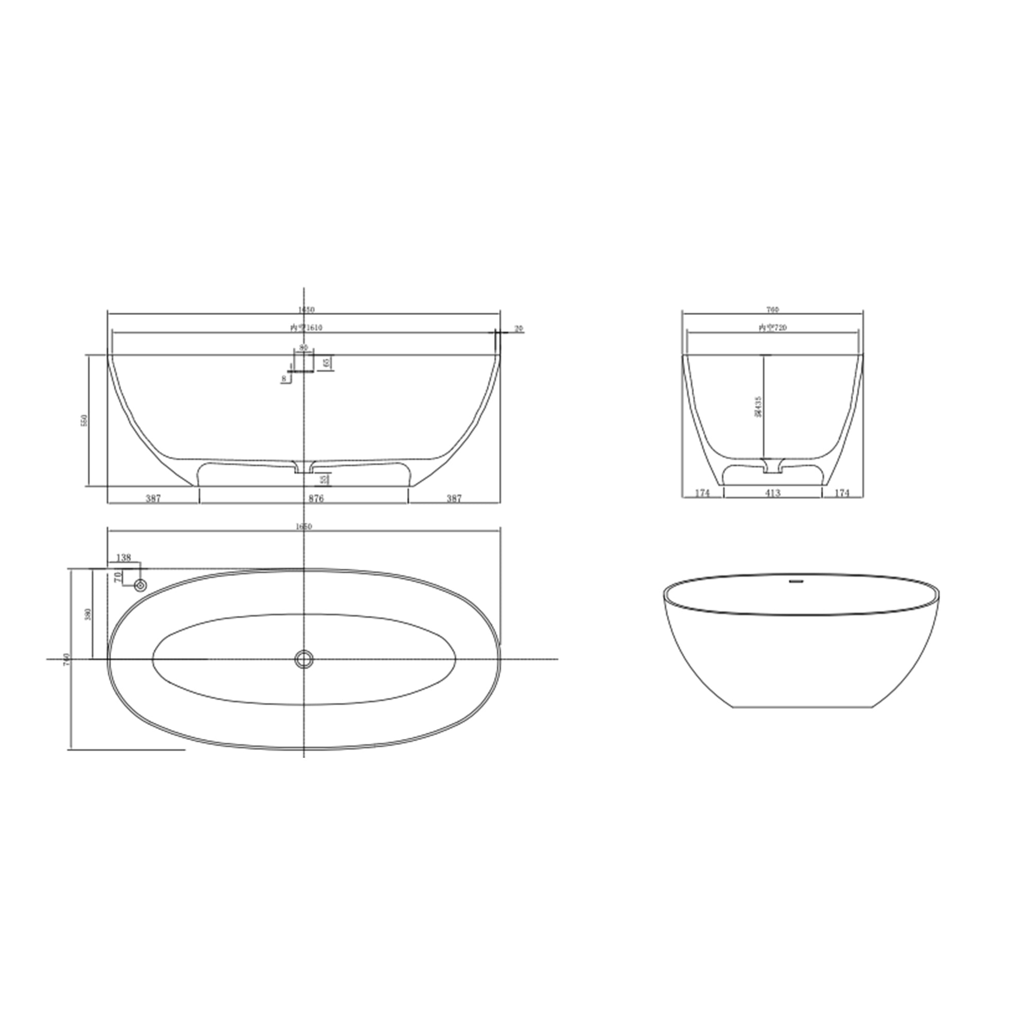 Solid Surface Freestanding Flatbottom Non-Whirlpool Bathtub in Matte White
