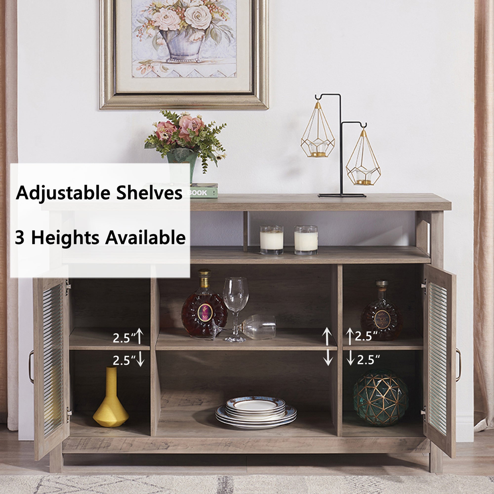 52" Wide Wood 2-door Sideboard with Exterior Shelves