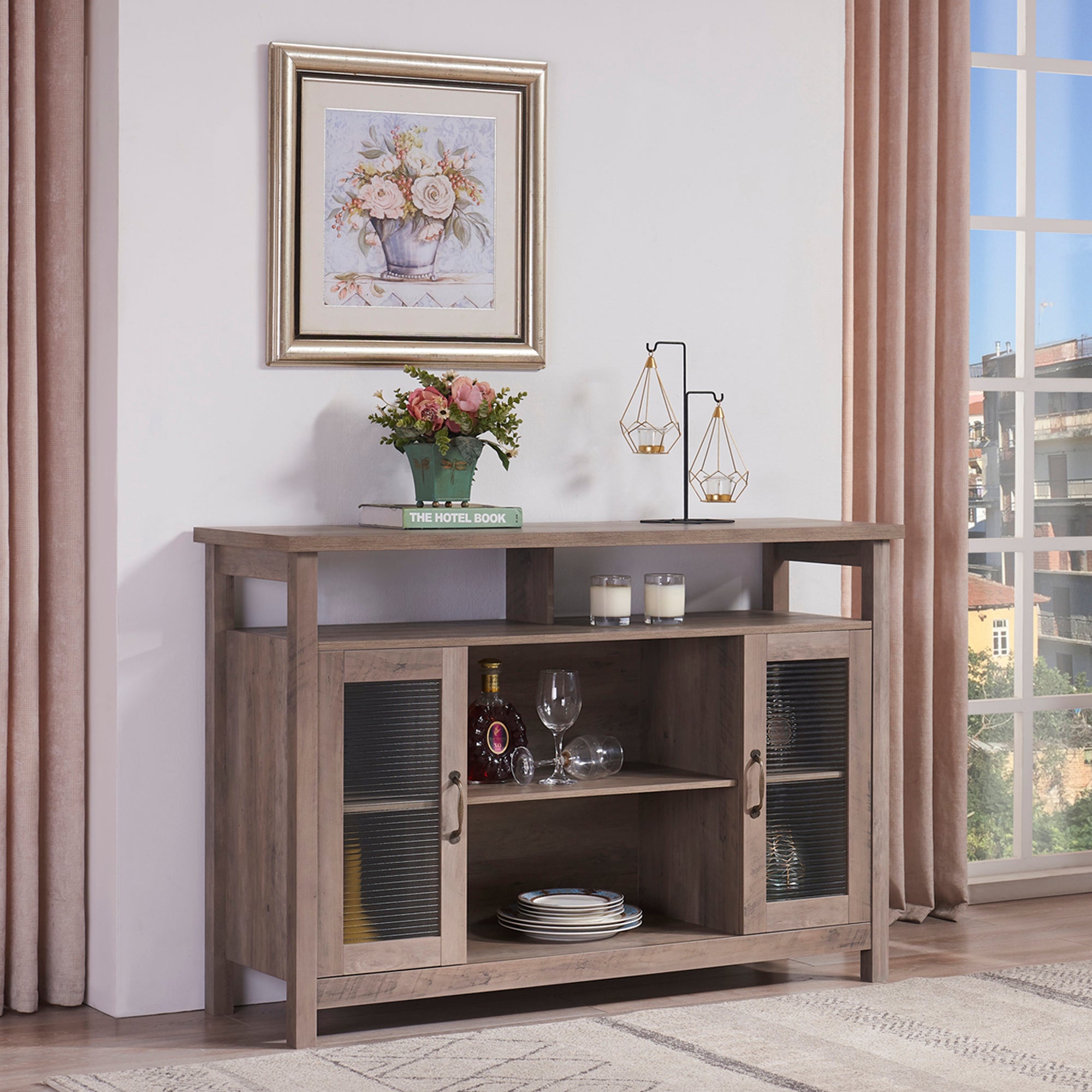 52" Wide Wood 2-door Sideboard with Exterior Shelves