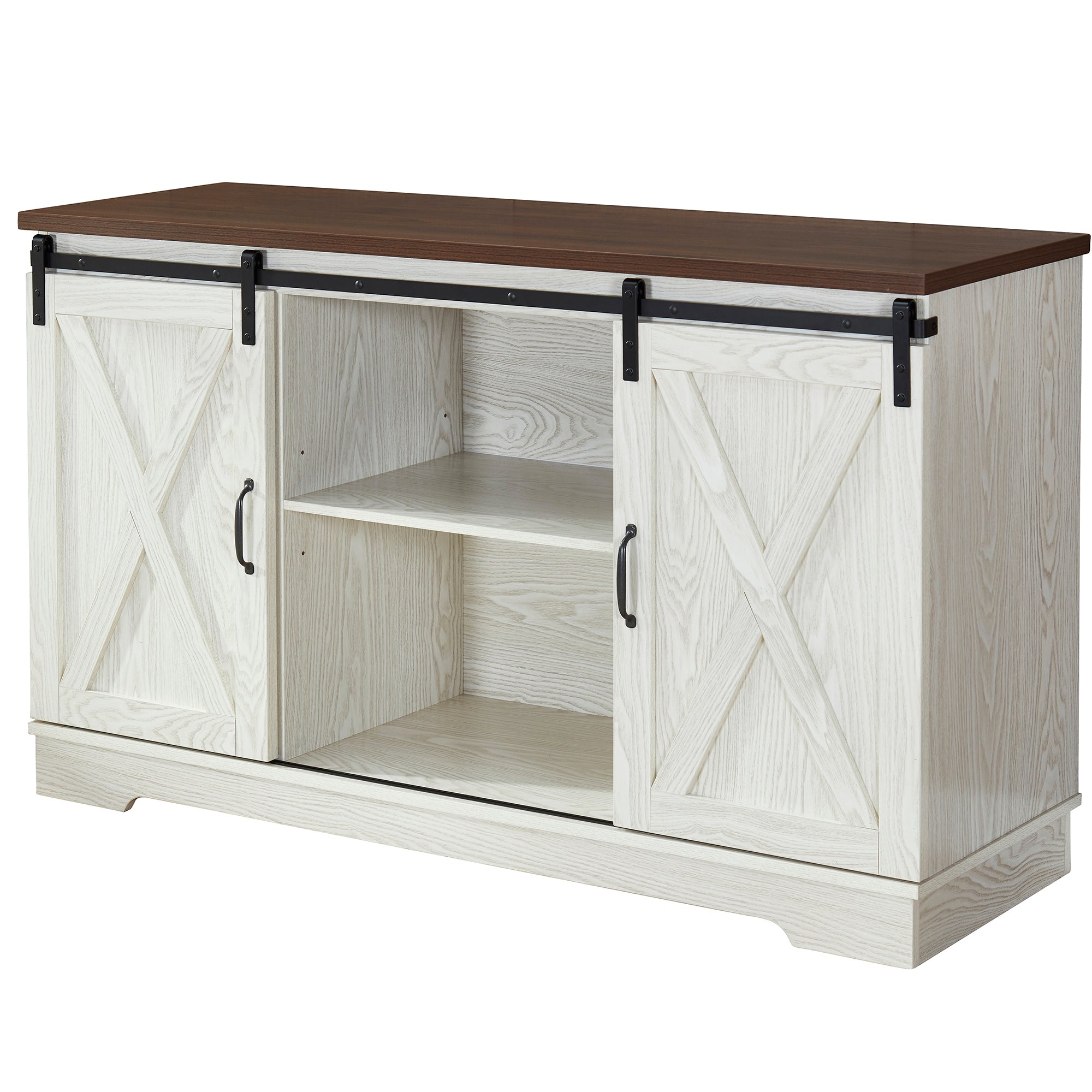 52" Wide Wood 2 Sliding Barn Doors Buffet Sideboard with Exterior Shelves