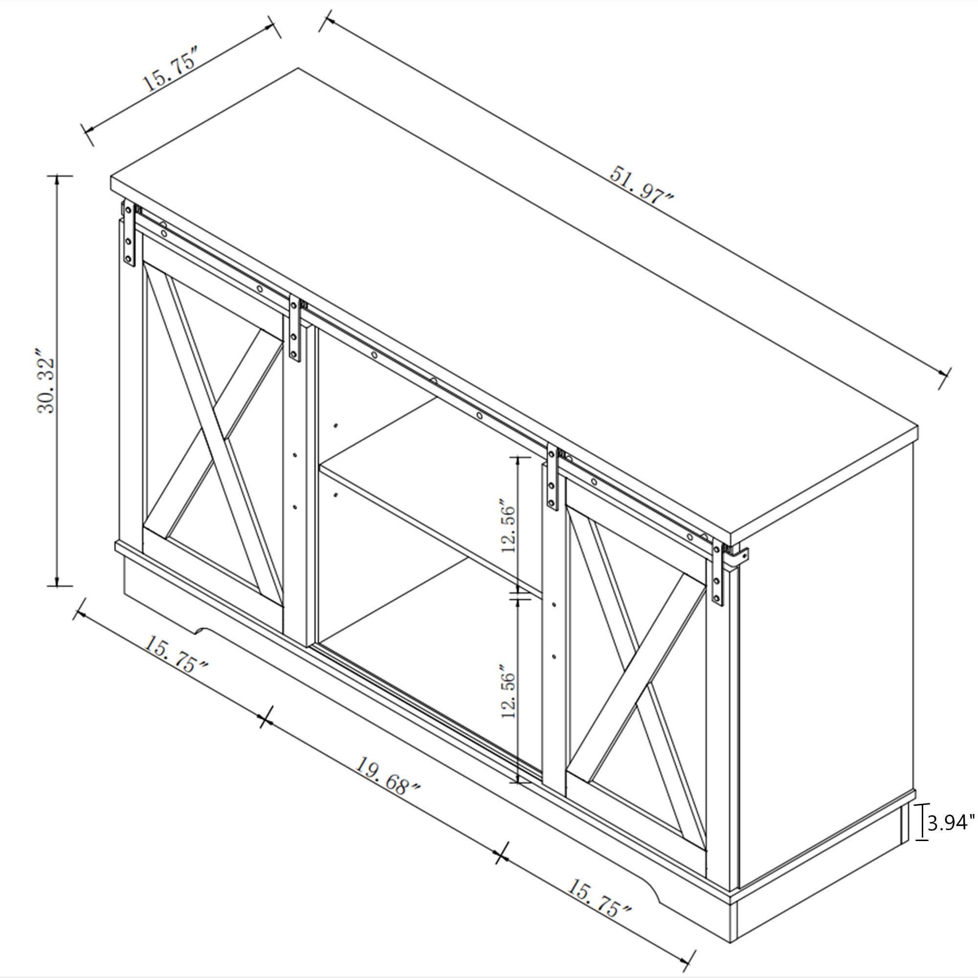 52" Wide Wood 2 Sliding Barn Doors Buffet Sideboard with Exterior Shelves