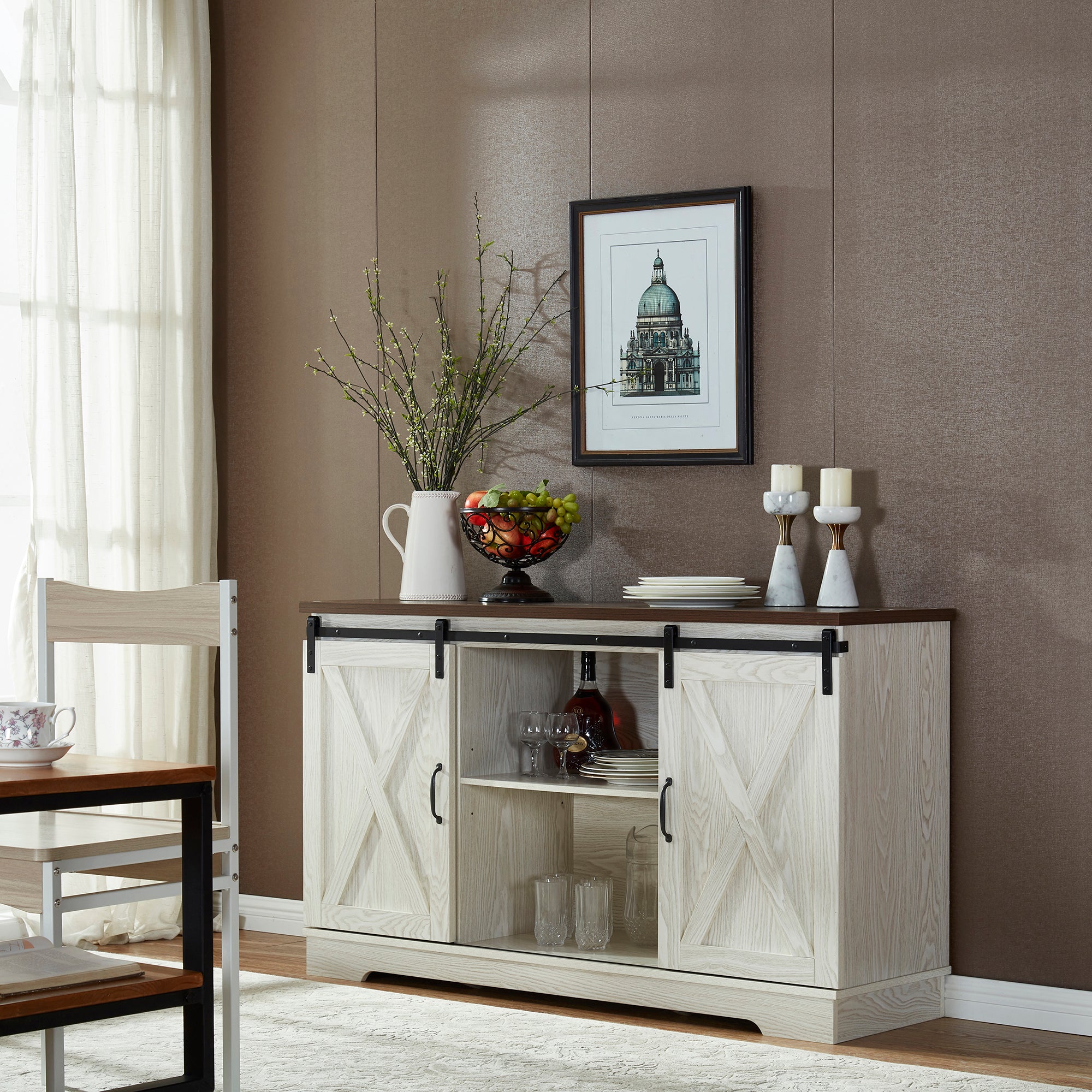 52" Wide Wood 2 Sliding Barn Doors Buffet Sideboard with Exterior Shelves