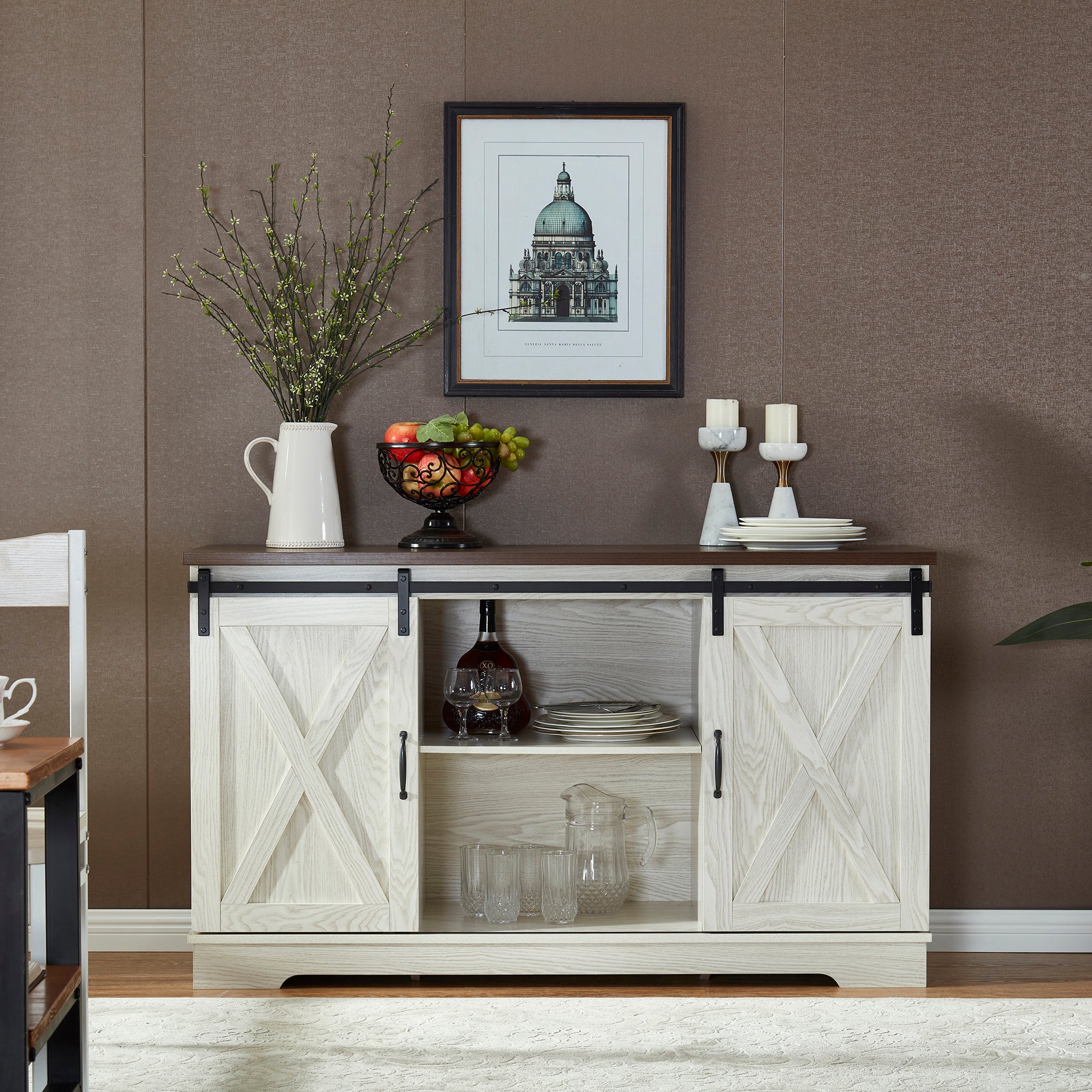 52" Wide Wood 2 Sliding Barn Doors Buffet Sideboard with Exterior Shelves