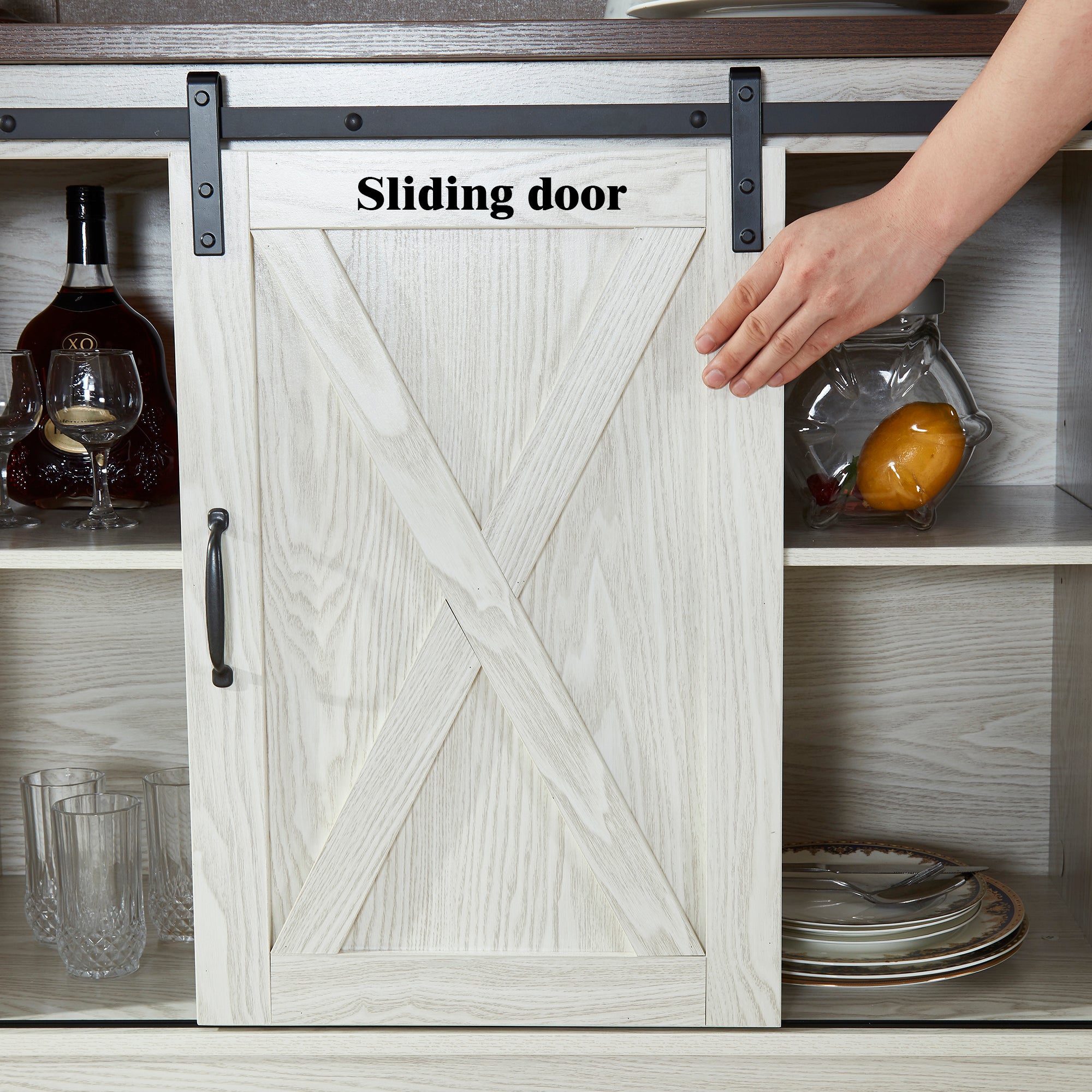 52" Wide Wood 2 Sliding Barn Doors Buffet Sideboard with Exterior Shelves