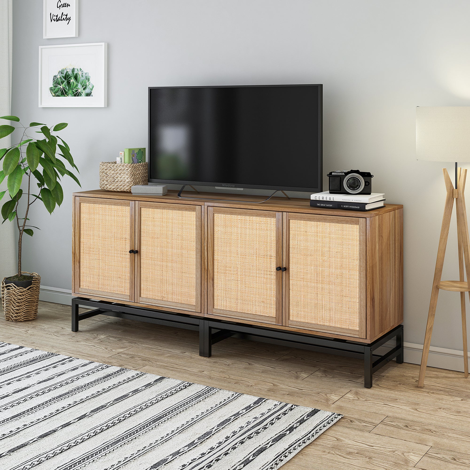 32" Tall Wood 2-door Accent Cabinet with Rattan Door