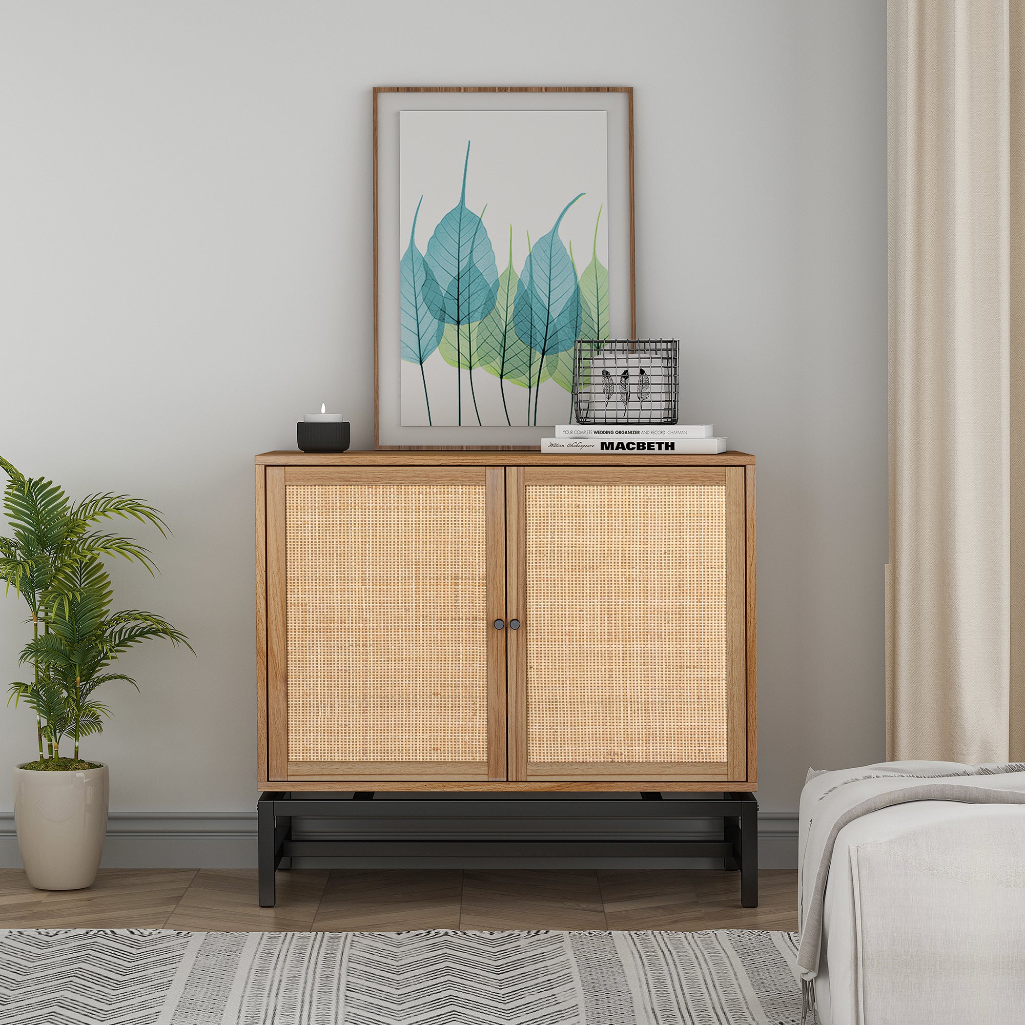 32" Tall Wood 2-door Accent Cabinet with Rattan Door