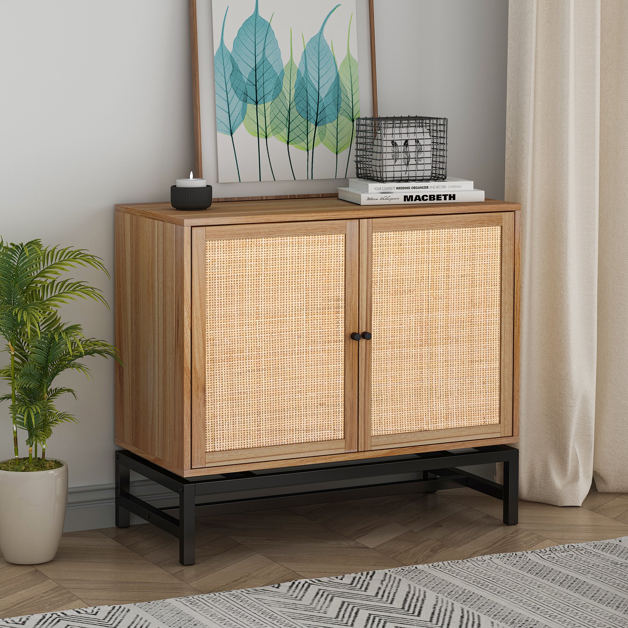 32" Tall Wood 2-door Accent Cabinet with Rattan Door