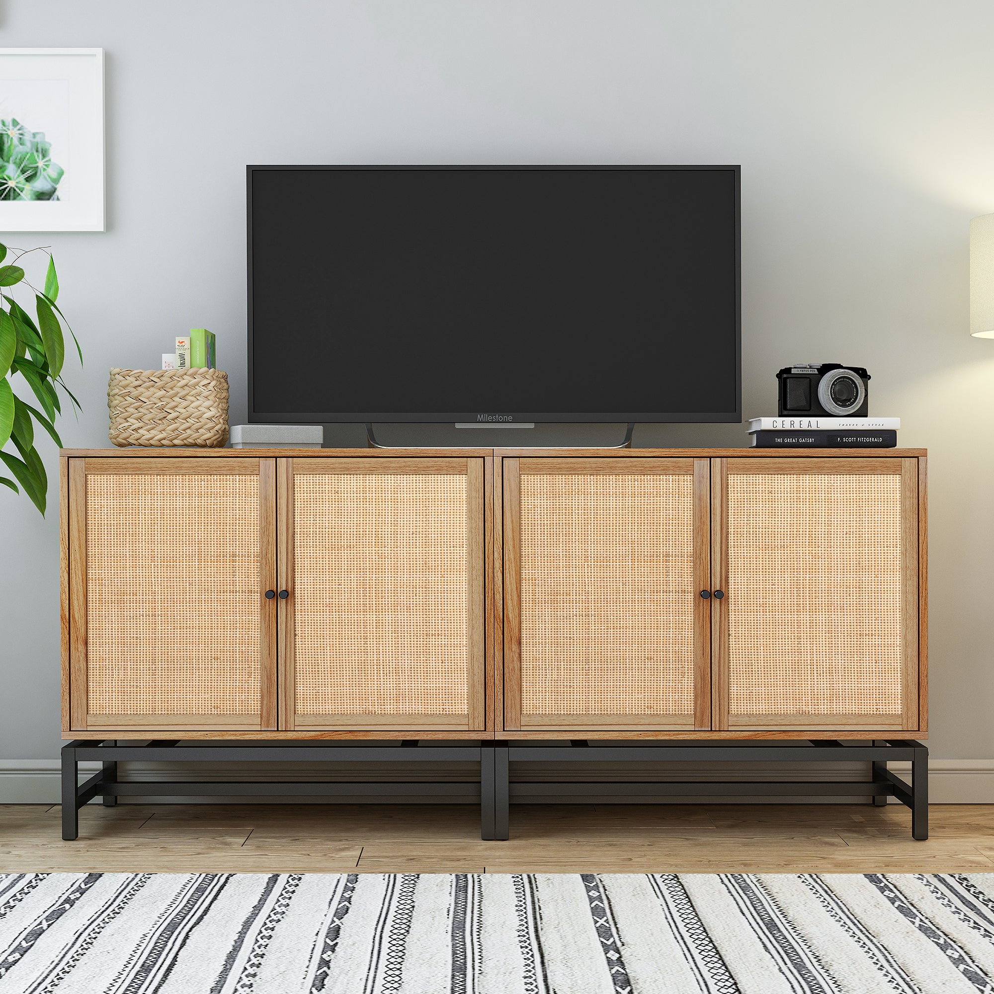 32" Tall Wood 2-door Accent Cabinet with Rattan Door