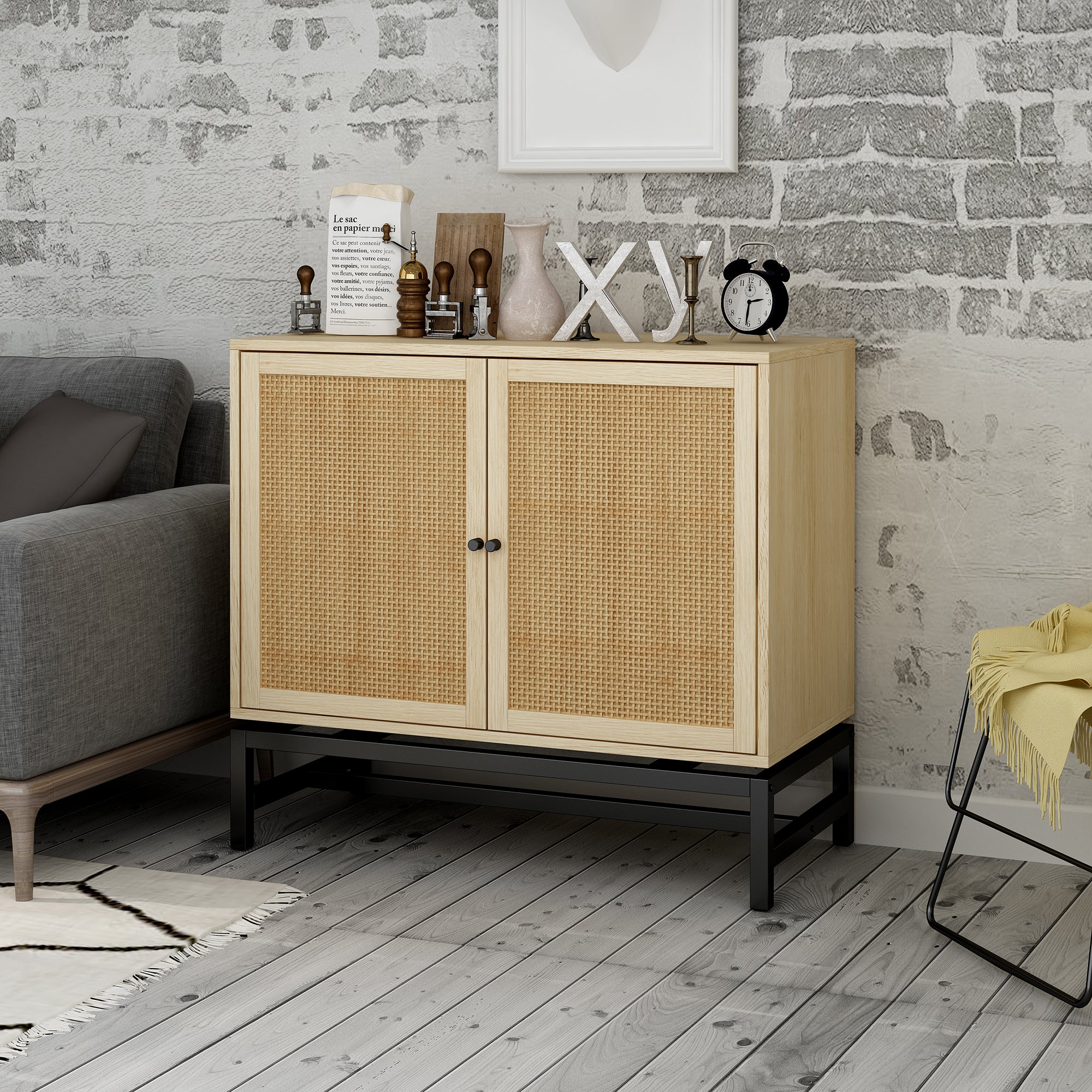 32" Tall Wood 2-door Accent Cabinet with Rattan Door