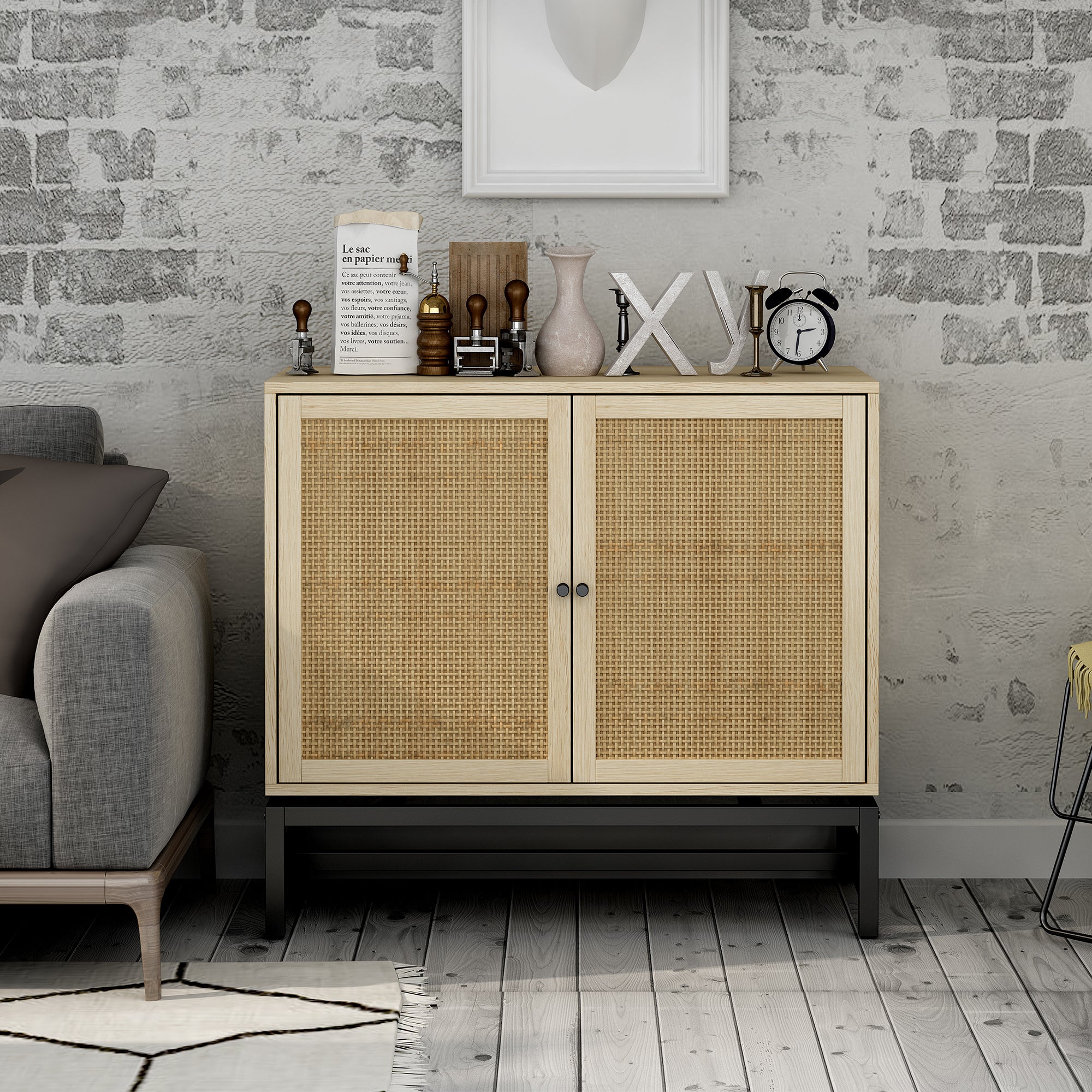 32" Tall Wood 2-door Accent Cabinet with Rattan Door
