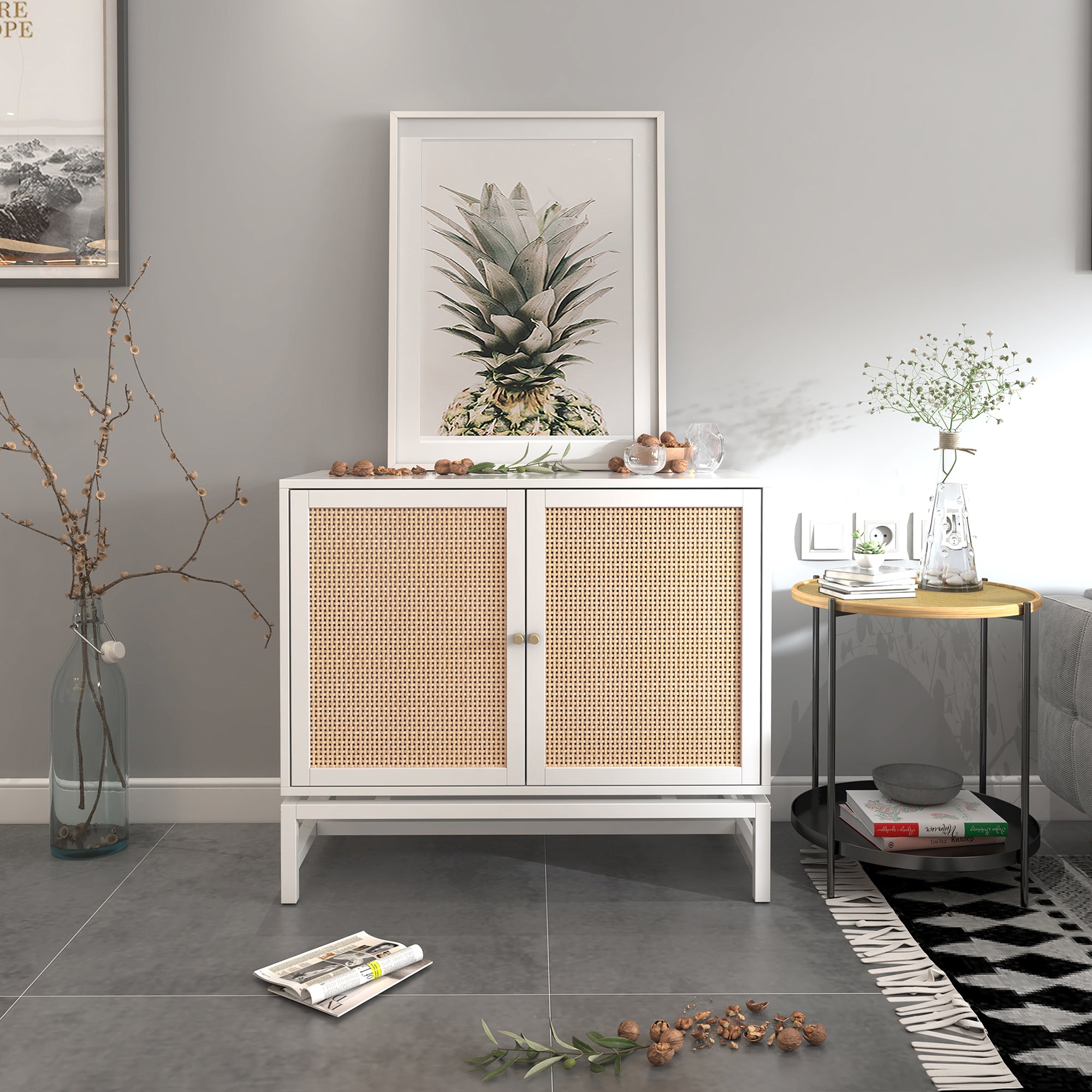 32" Tall Wood 2-door Accent Cabinet with Rattan Door
