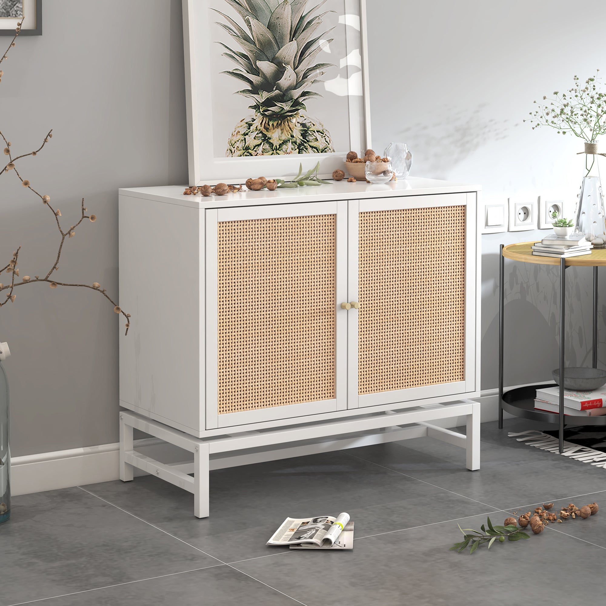 32" Tall Wood 2-door Accent Cabinet with Rattan Door
