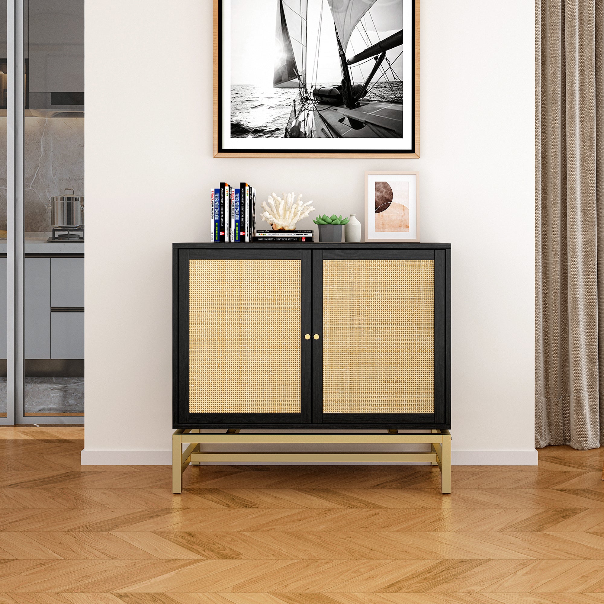 32" Tall Wood 2-door Accent Cabinet with Rattan Door