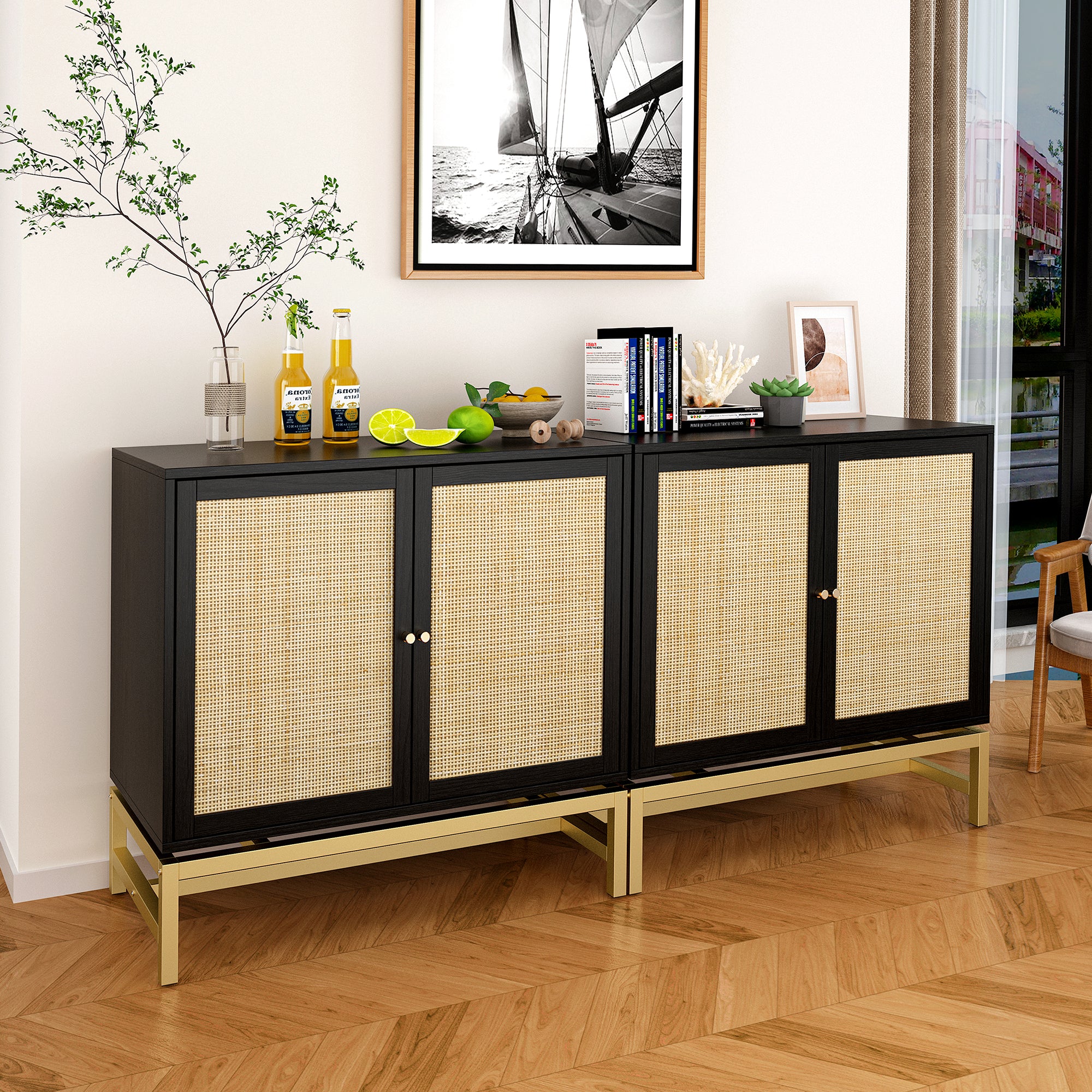 32" Tall Wood 2-door Accent Cabinet with Rattan Door