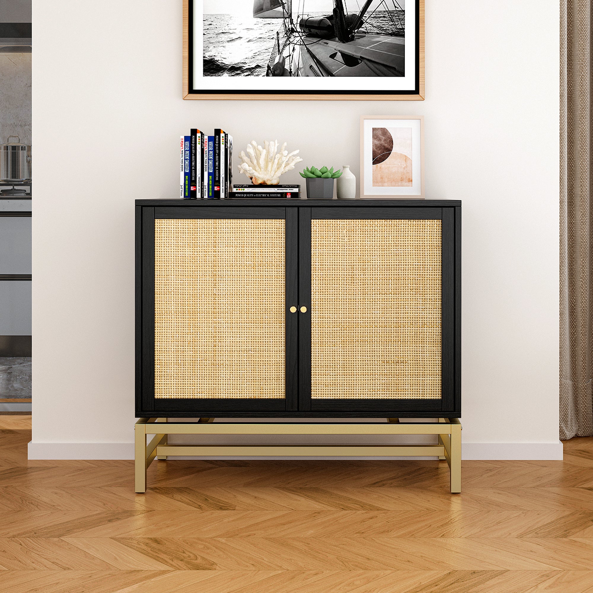 32" Tall Wood 2-door Accent Cabinet with Rattan Door